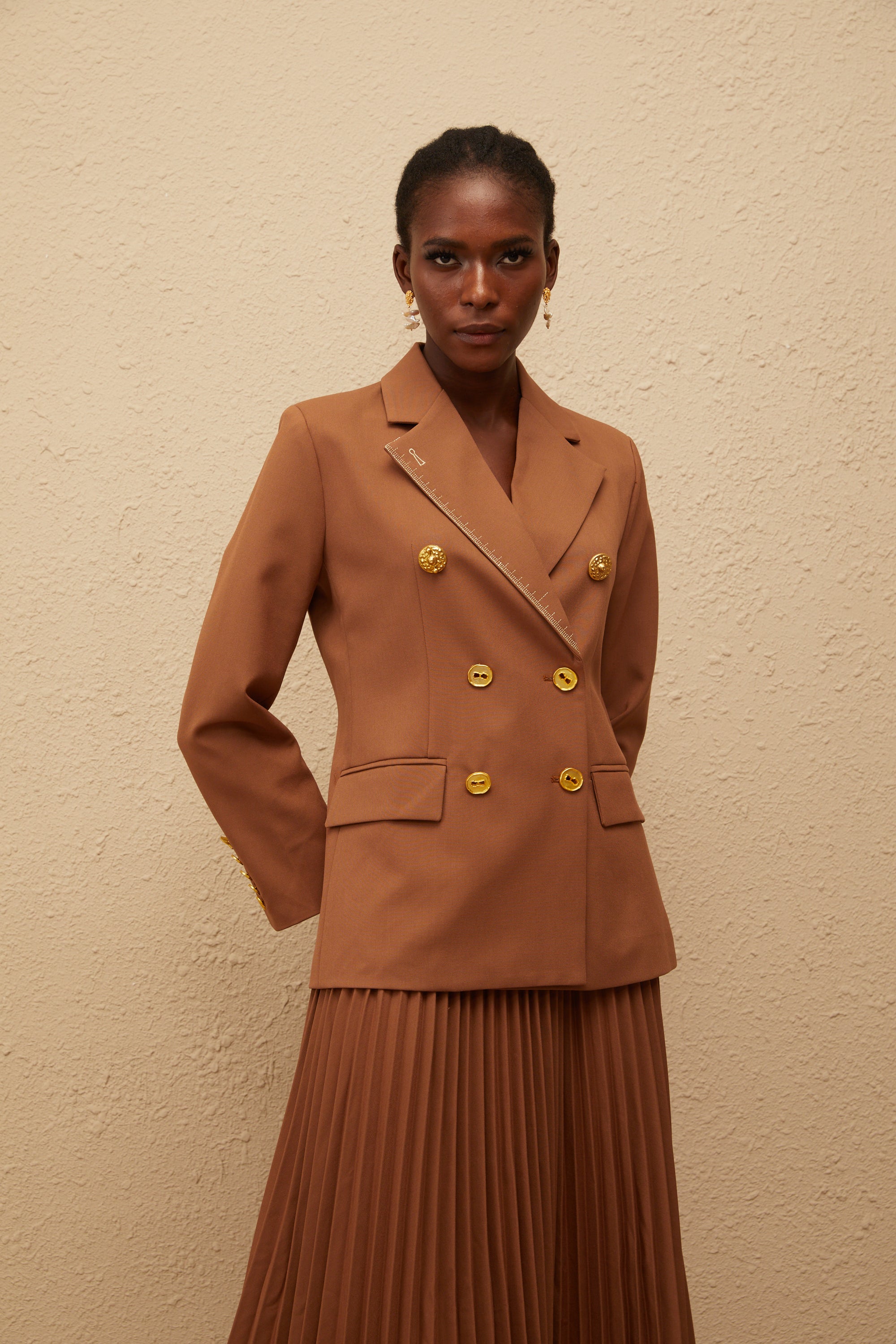 Maëlys Caramel Double Breasted Blazer & Skirt Set
