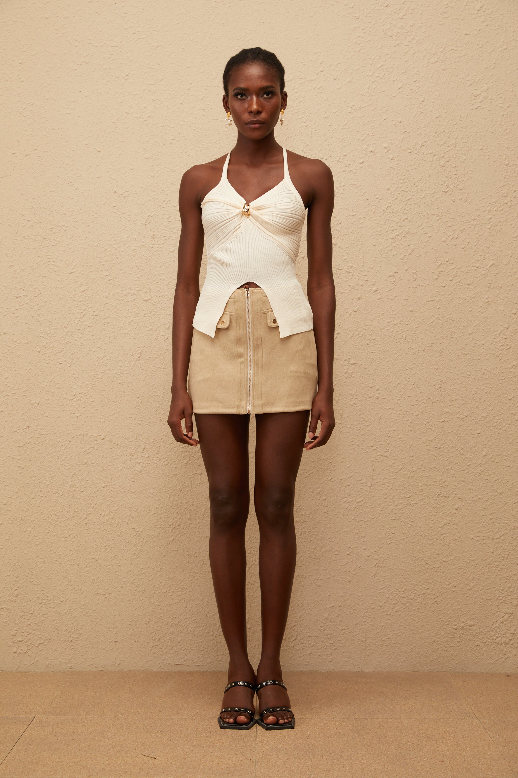 Quitterie Ribbed Knit Top & Suede Skirt Set