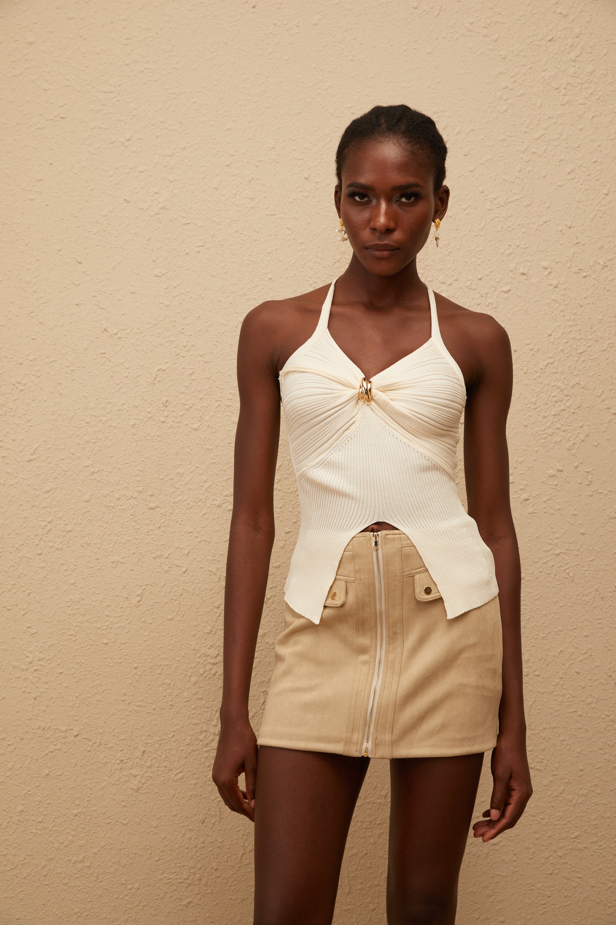 Quitterie Ribbed Knit Top & Suede Skirt Set