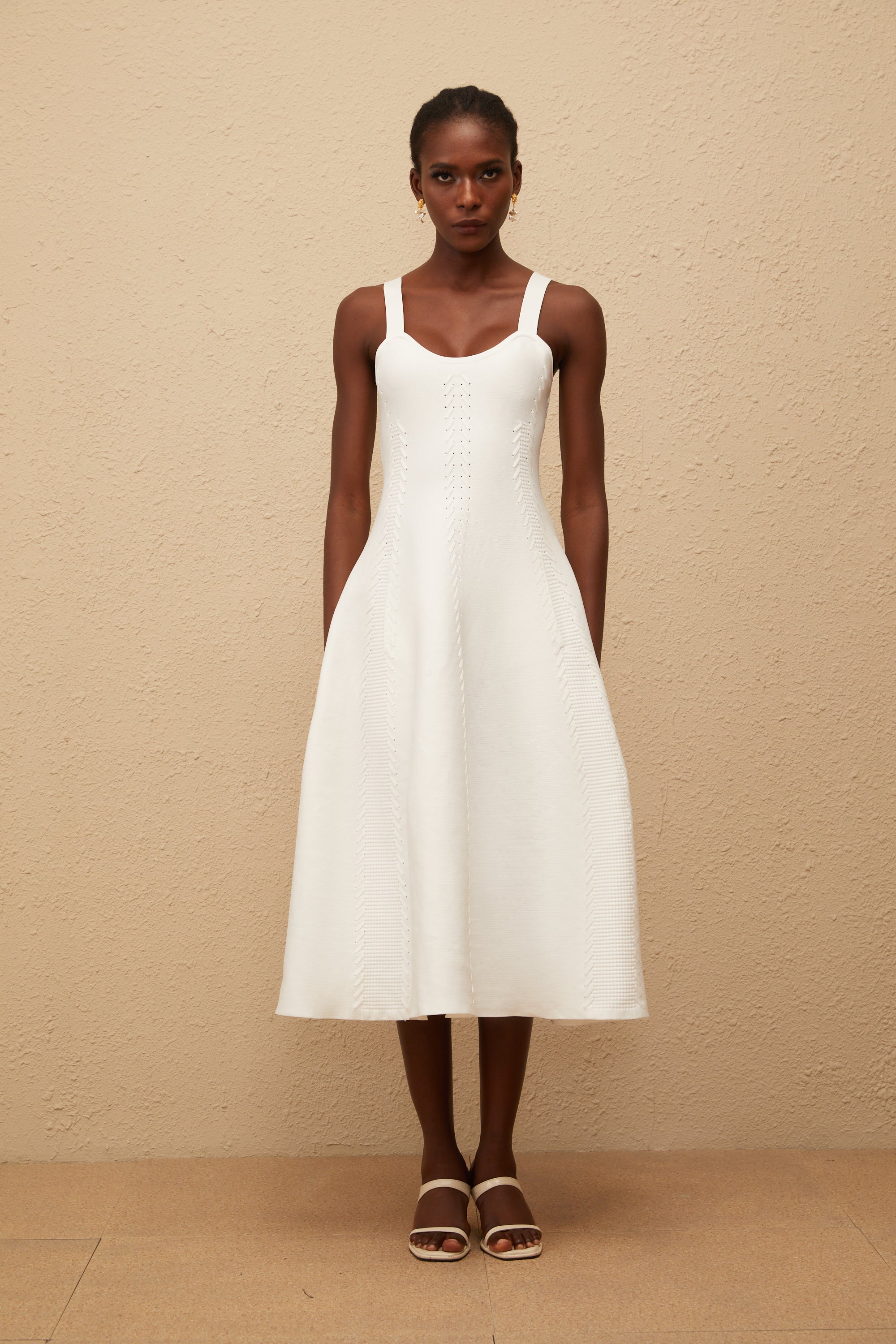 Nadège White Braided Knit Midi Dress