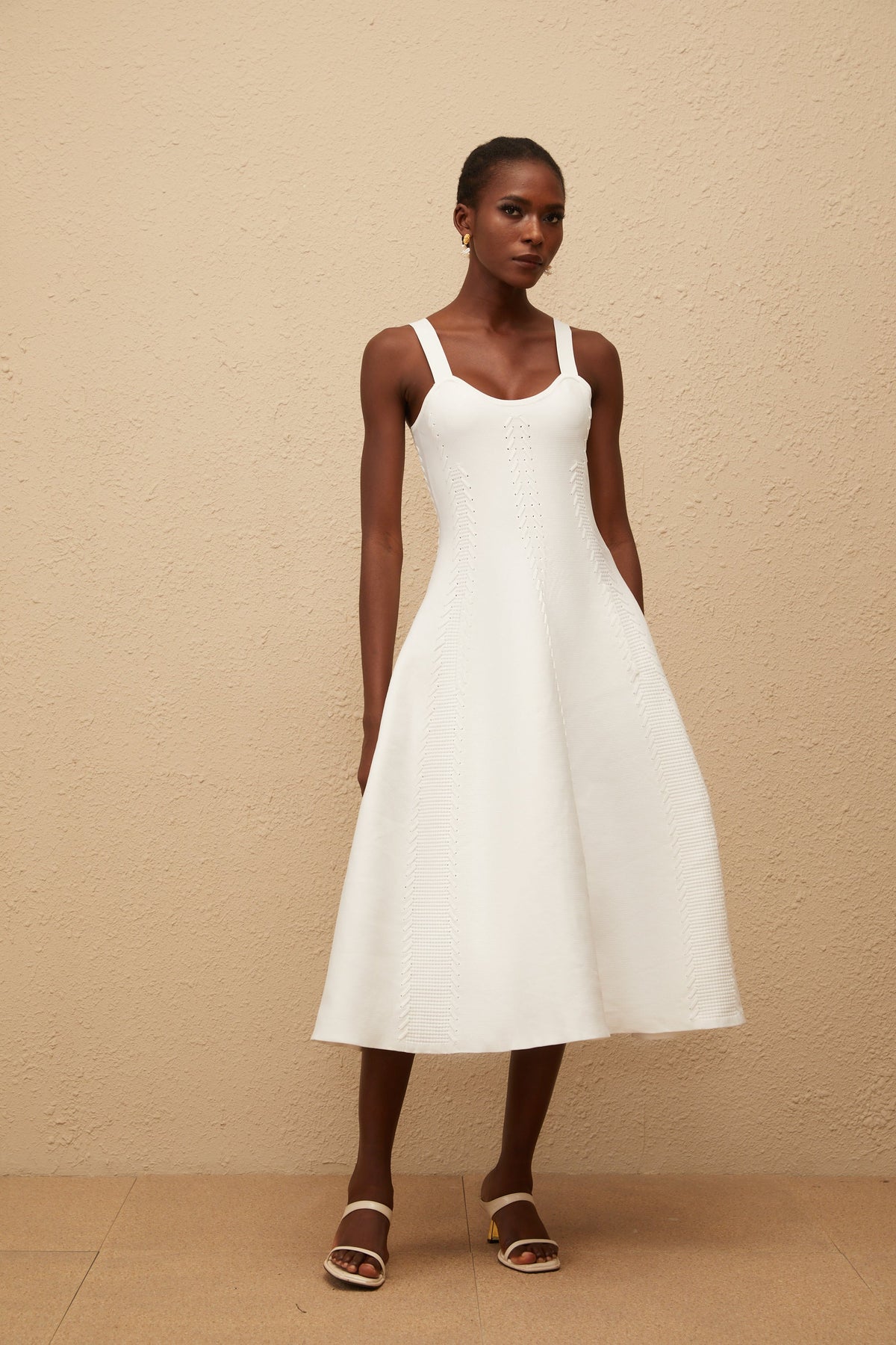 Nadège White Braided Knit Midi Dress