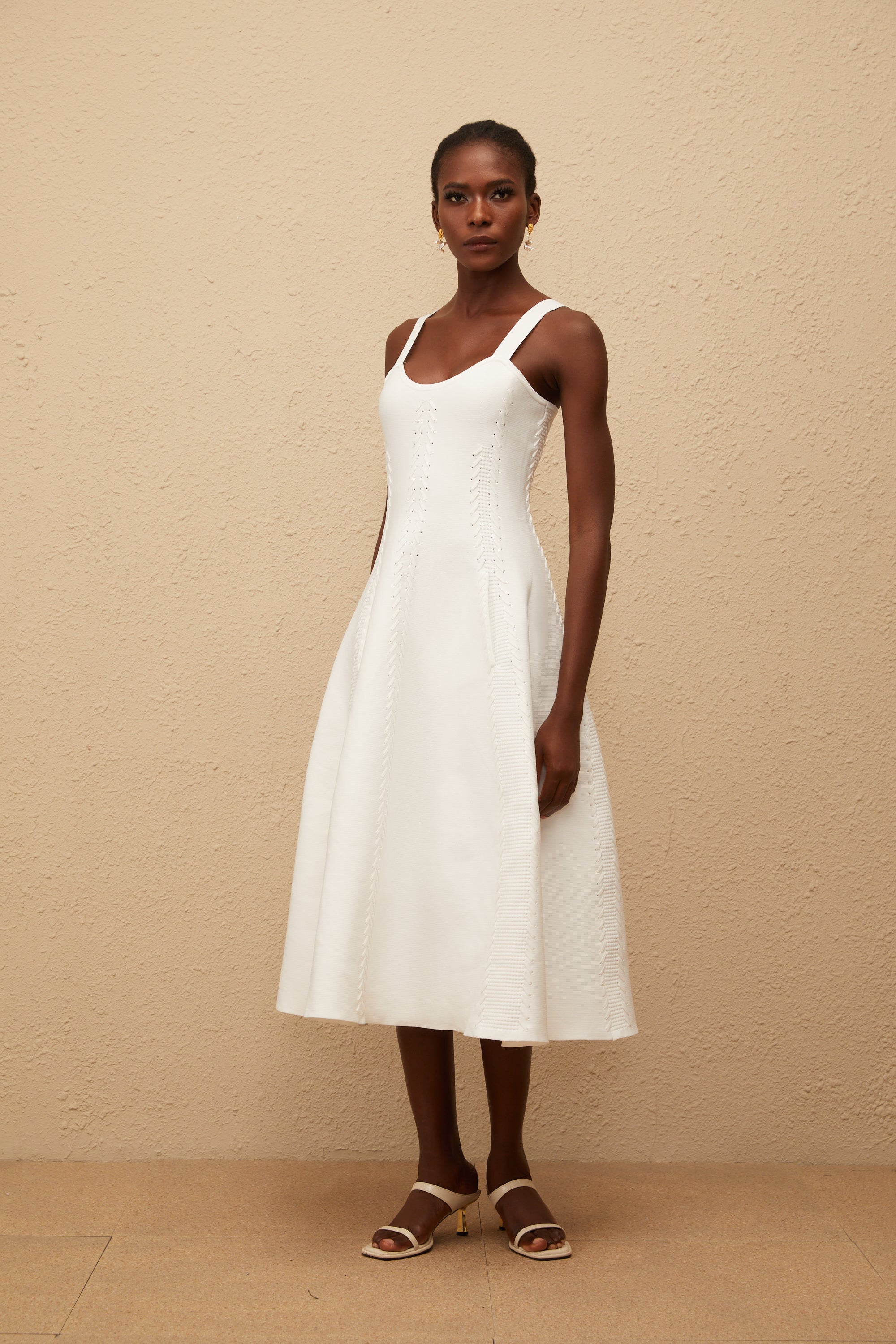 Nadège White Braided Knit Midi Dress
