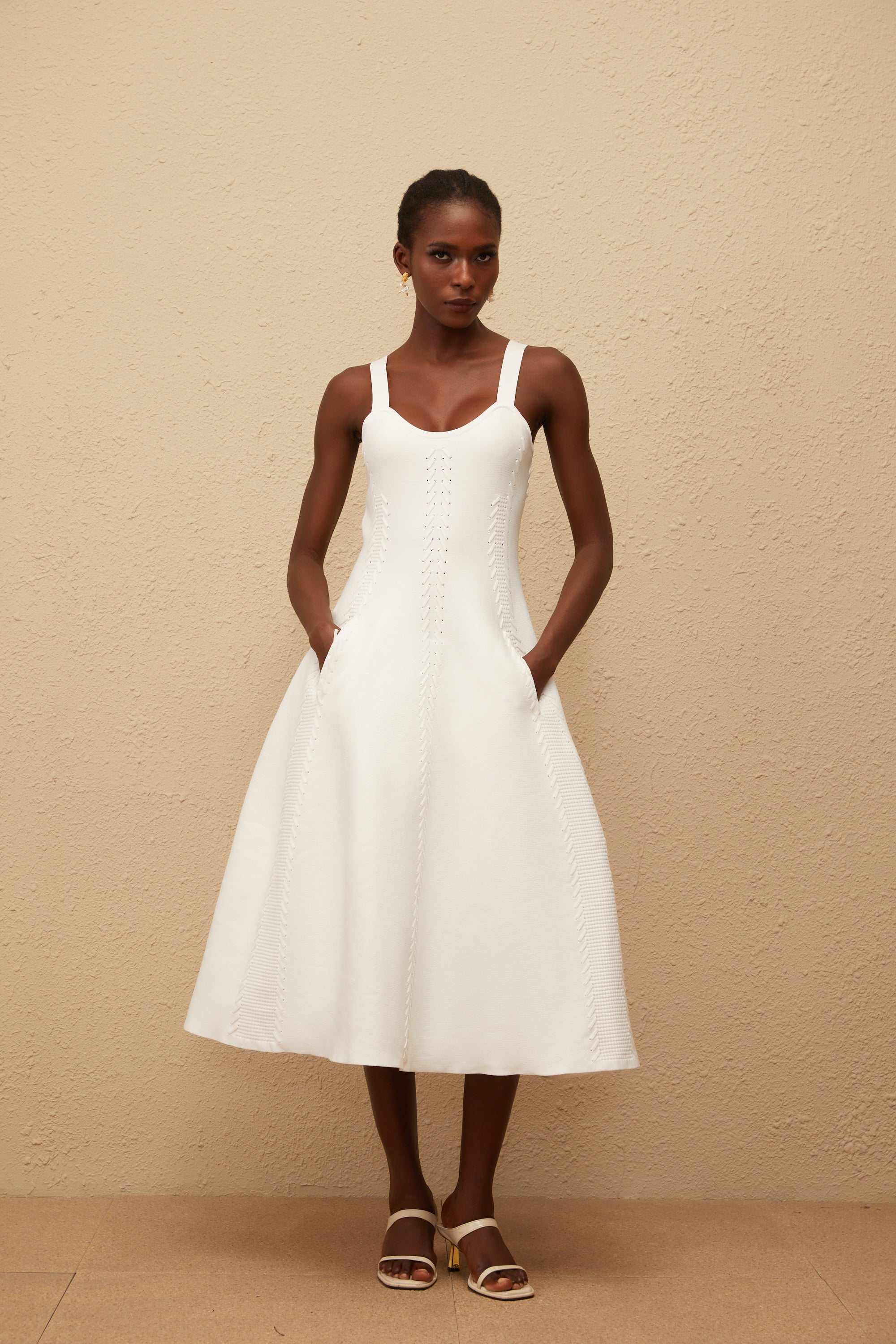 Nadège White Braided Knit Midi Dress