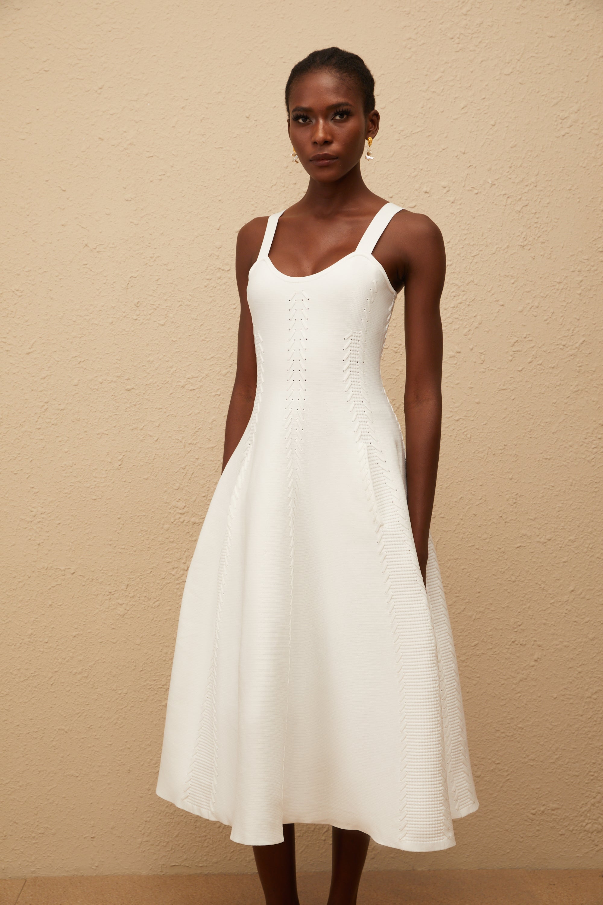Nadège White Braided Knit Midi Dress