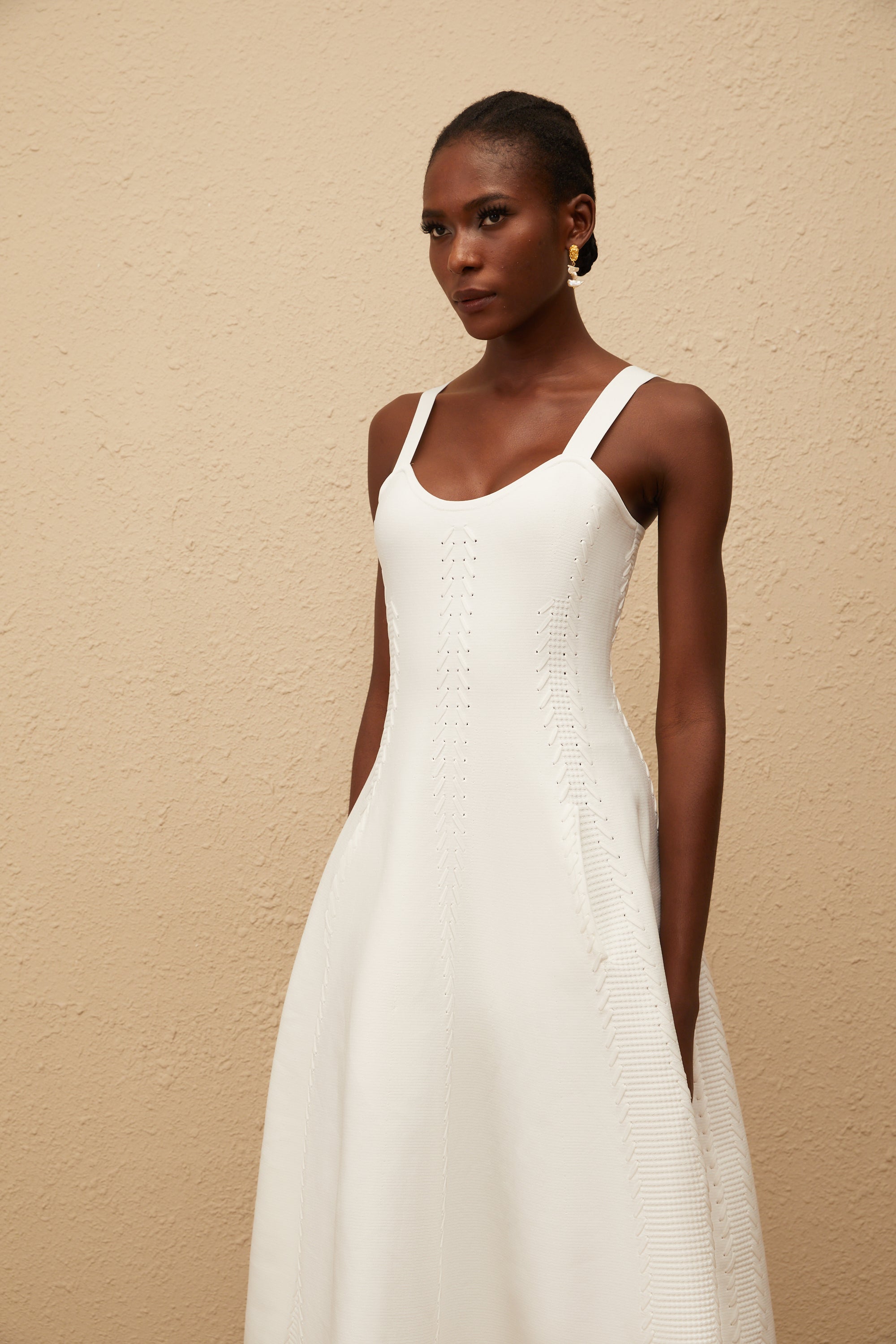 Nadège White Braided Knit Midi Dress