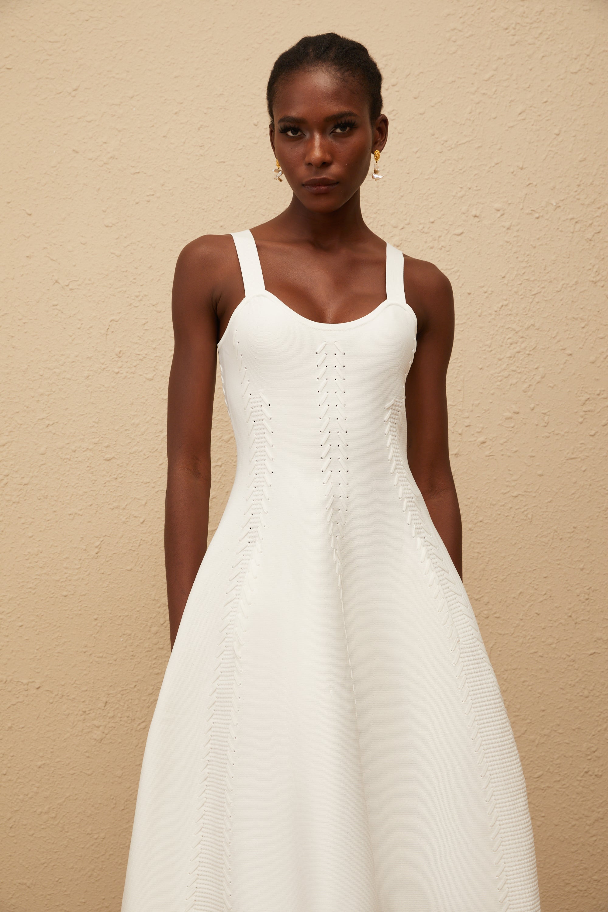 Nadège White Braided Knit Midi Dress