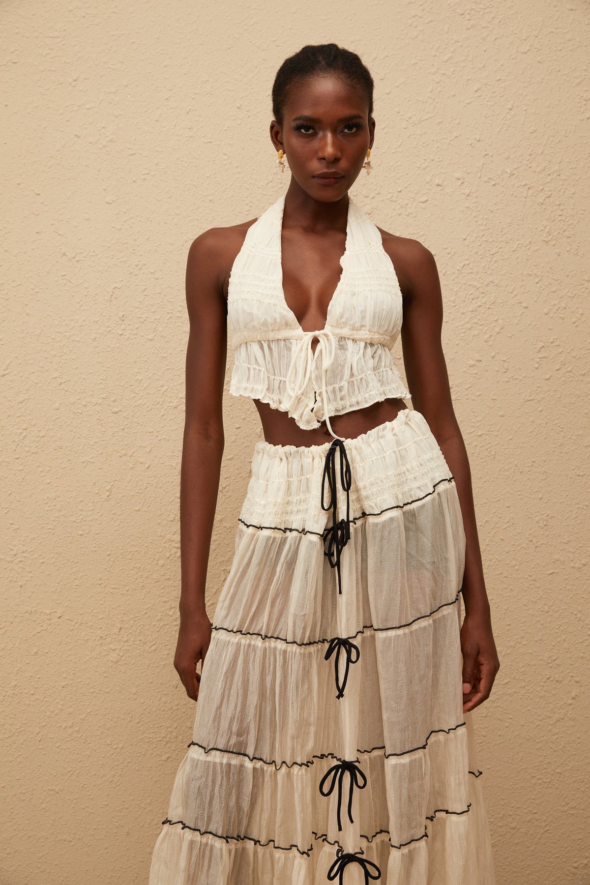 Aveline Cream White Bowknot Shirred Top & Skirt Set