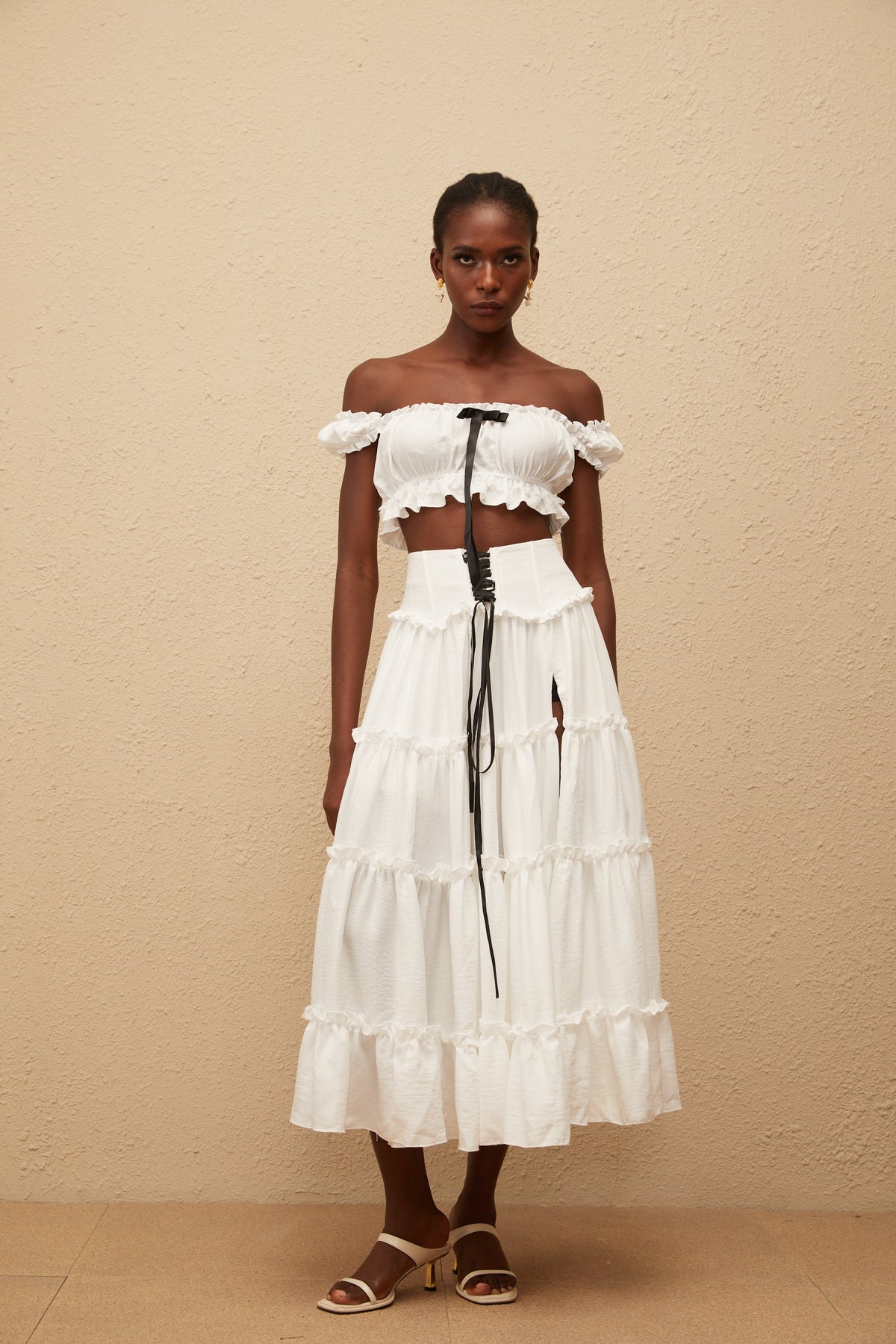 Théoline White Ruffled Trim Shirred Top & Skirt Set