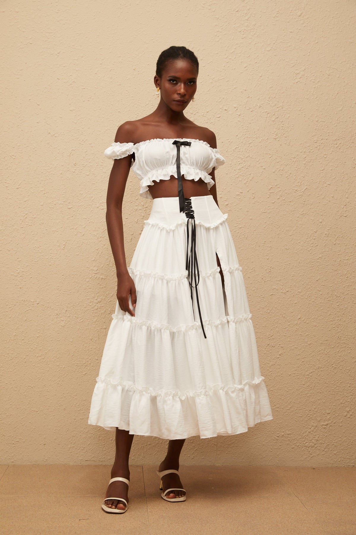 Théoline White Ruffled Trim Shirred Top & Skirt Set