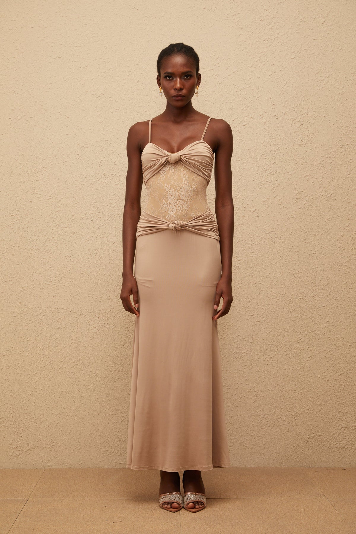 Nevaeh Khaki Twisted Lace Panel Maxi Dress