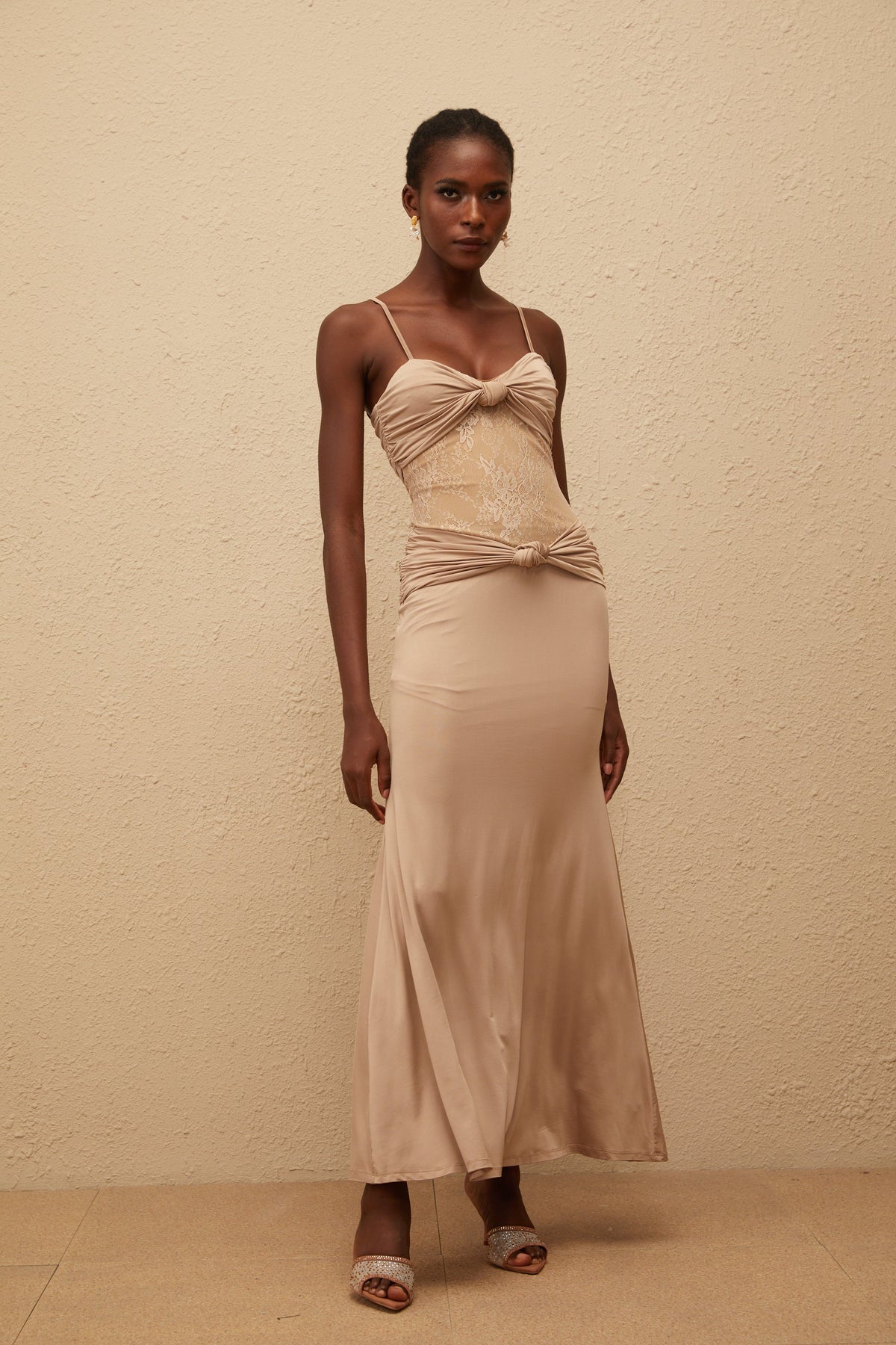 Nevaeh Khaki Twisted Lace Panel Maxi Dress