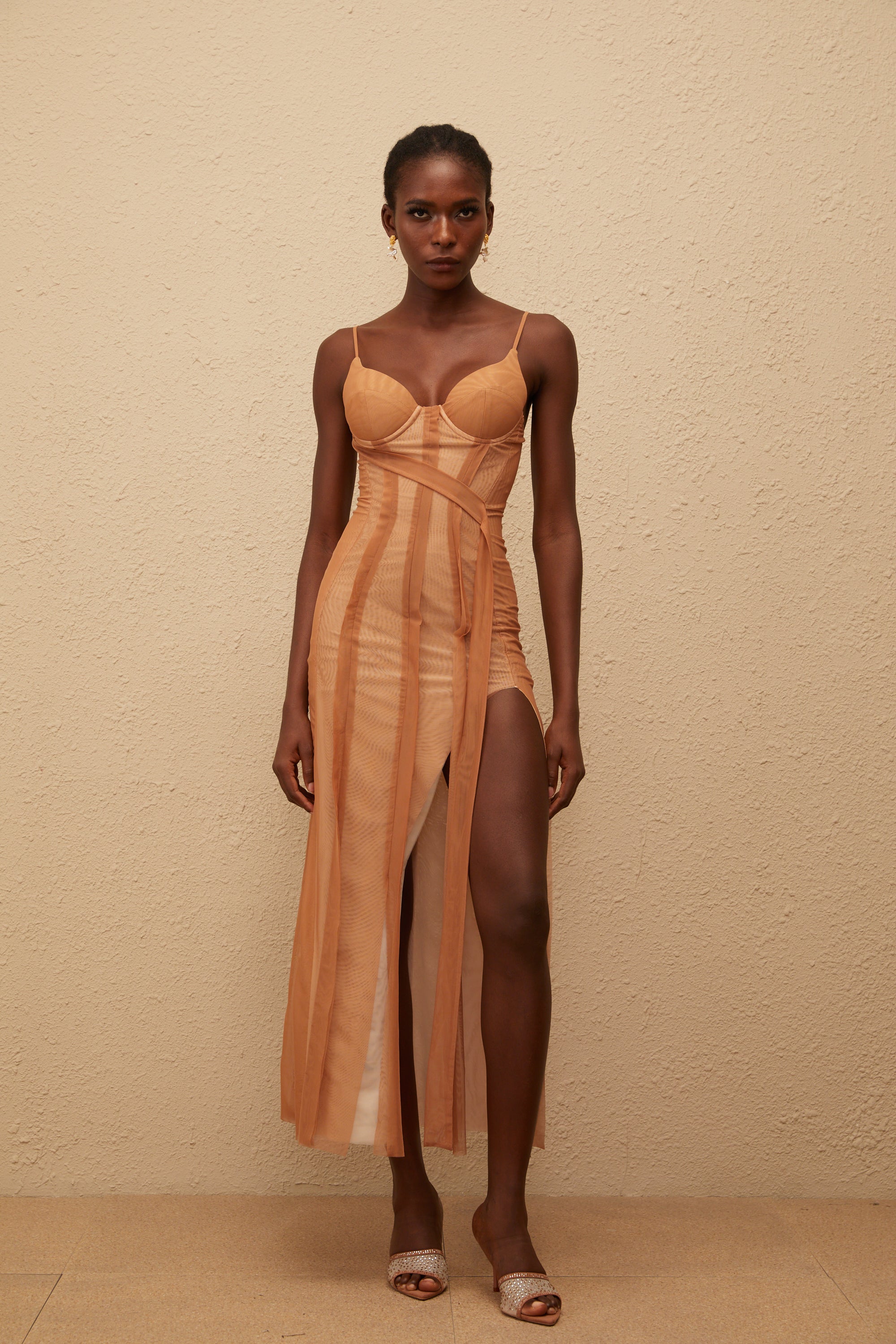 Roxane Brown Asymmetrical Tulle Maxi Dress