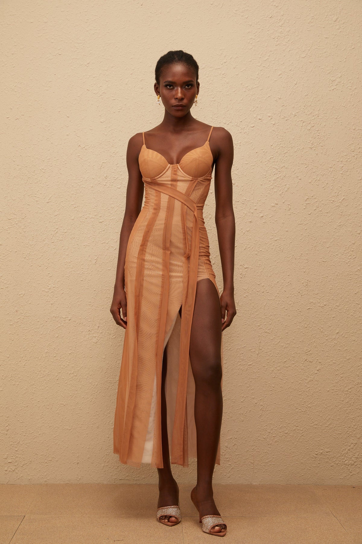 Roxane Brown Asymmetrical Tulle Maxi Dress