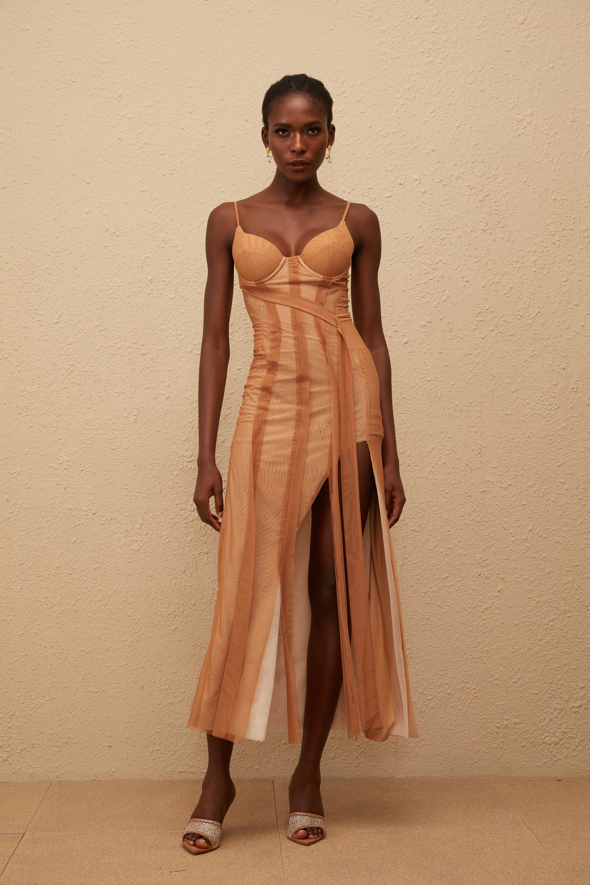 Roxane Brown Asymmetrical Tulle Maxi Dress