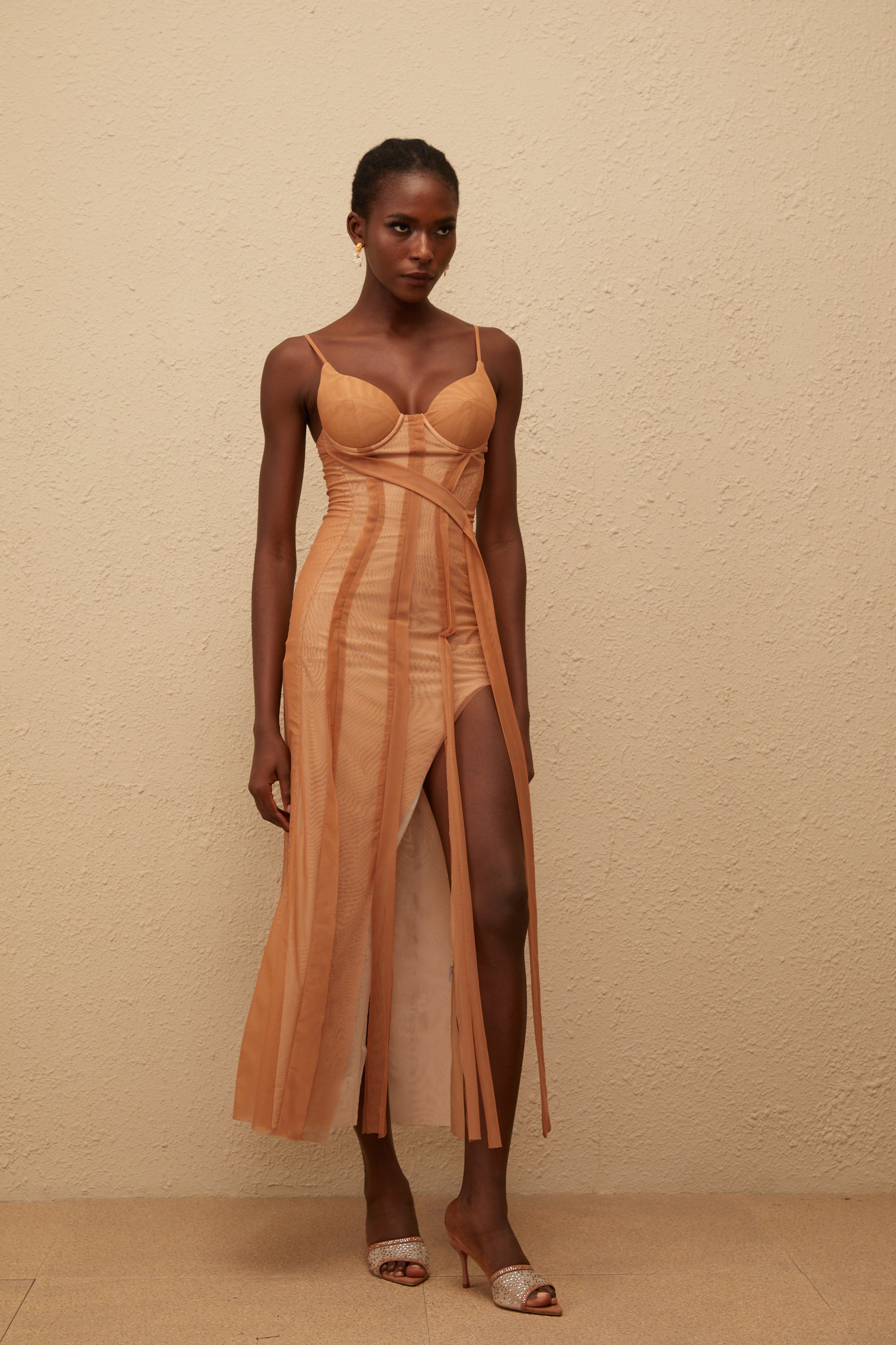 Roxane Brown Asymmetrical Tulle Maxi Dress