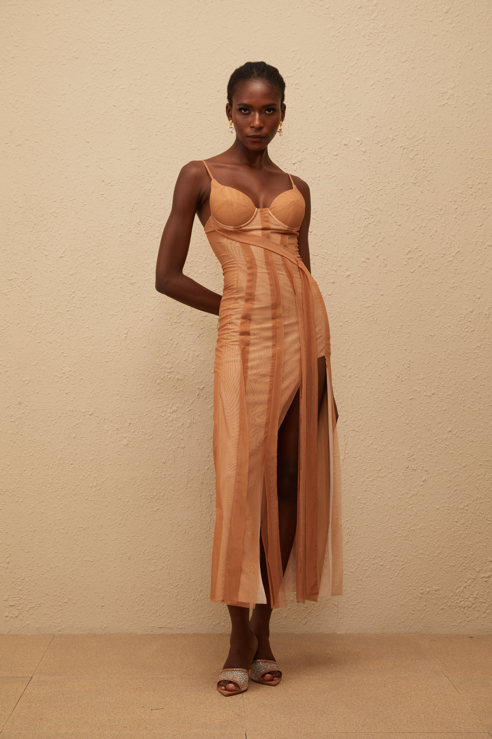 Roxane Brown Asymmetrical Tulle Maxi Dress