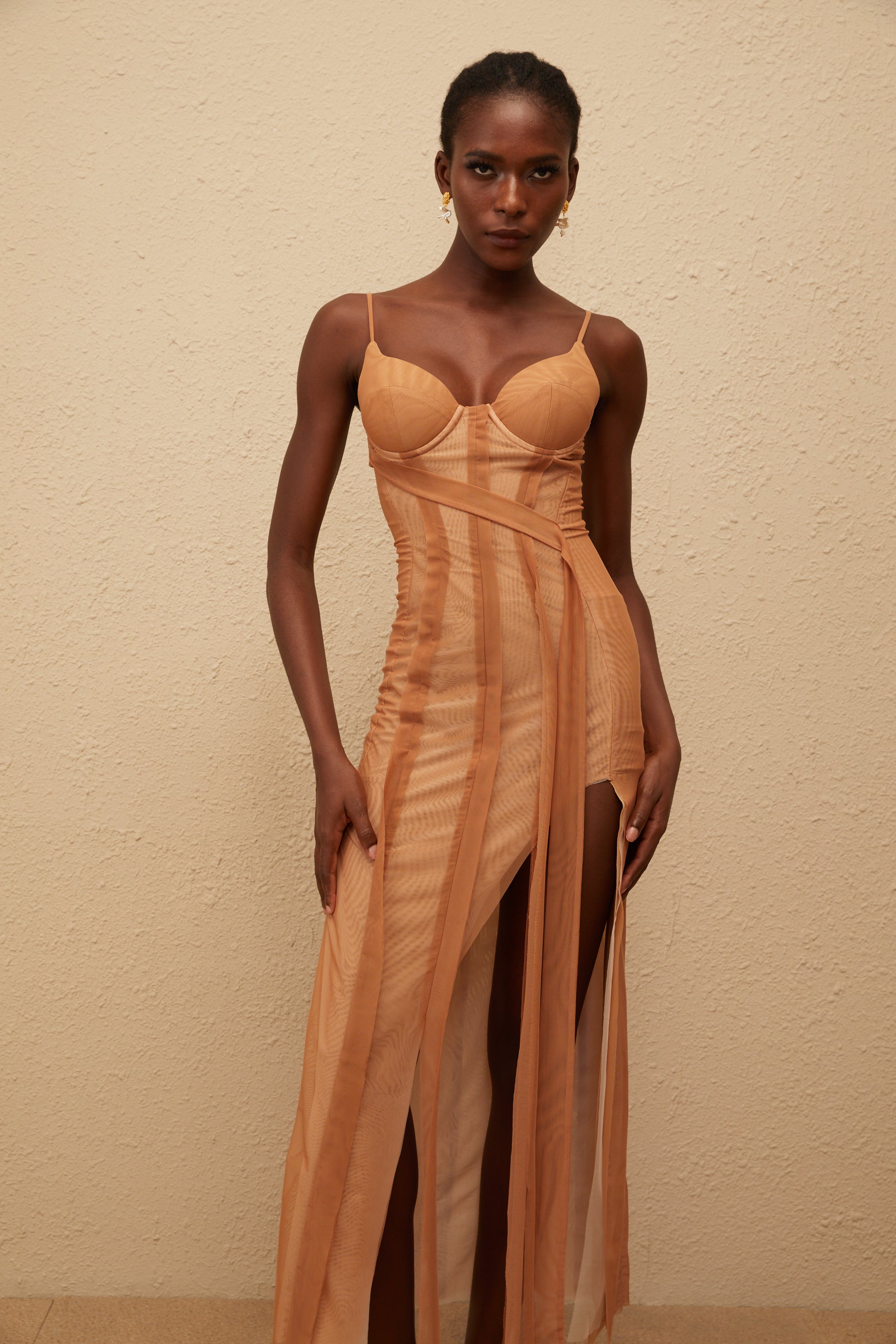Roxane Brown Asymmetrical Tulle Maxi Dress
