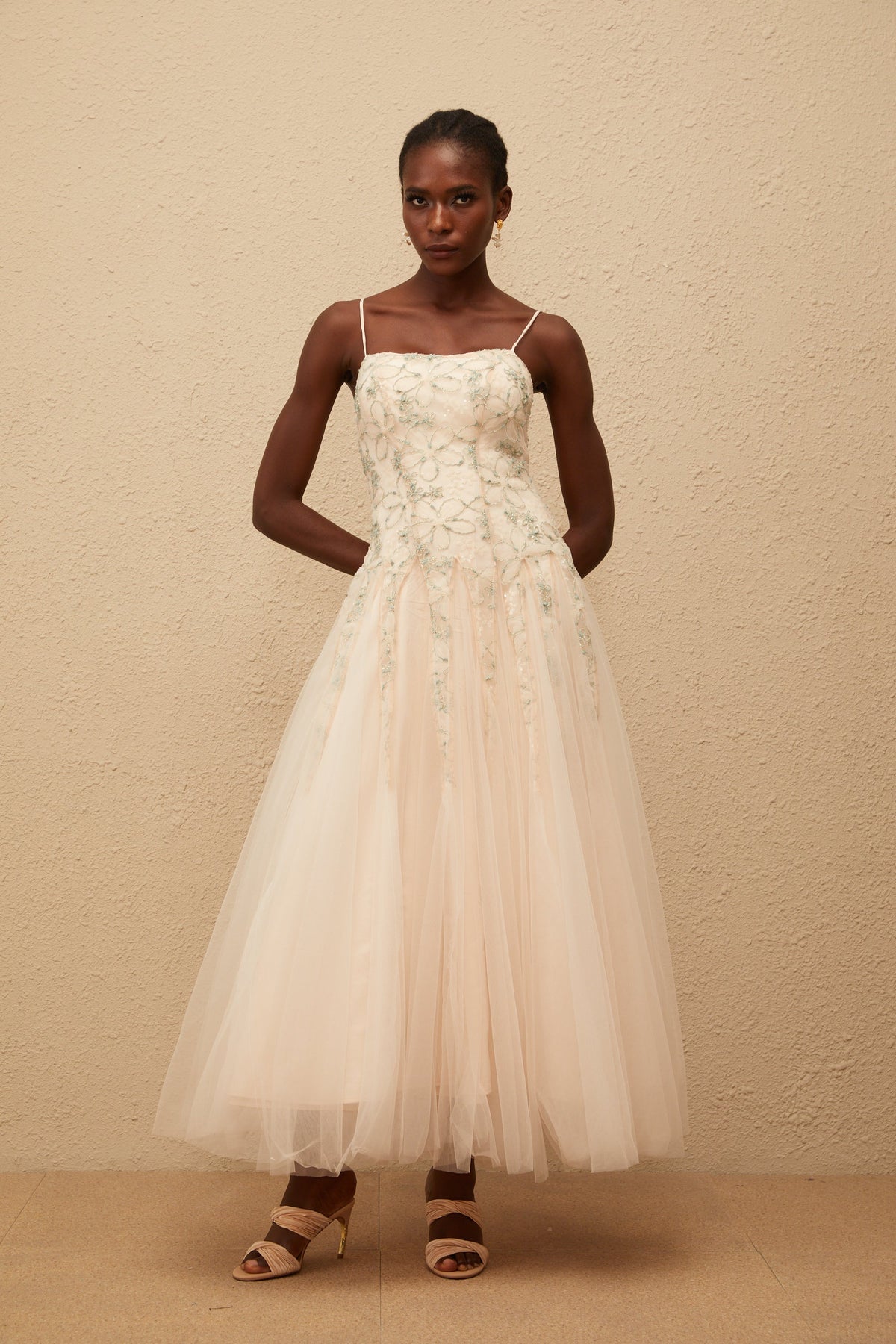 Madeline Green Floral Embroidered Tulle Maxi Dress