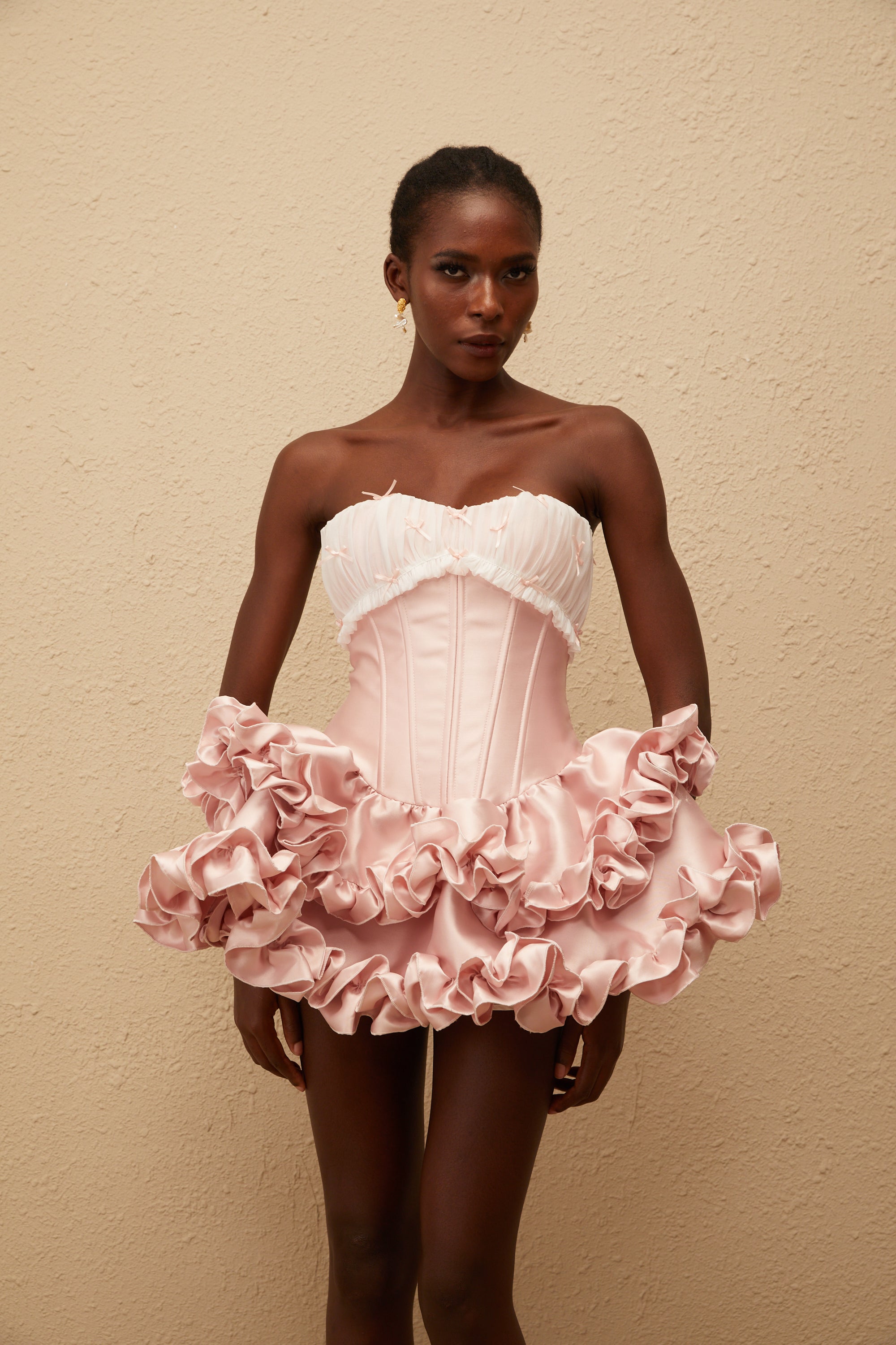 Laurine Pink Ruffled Satin Mini Dress