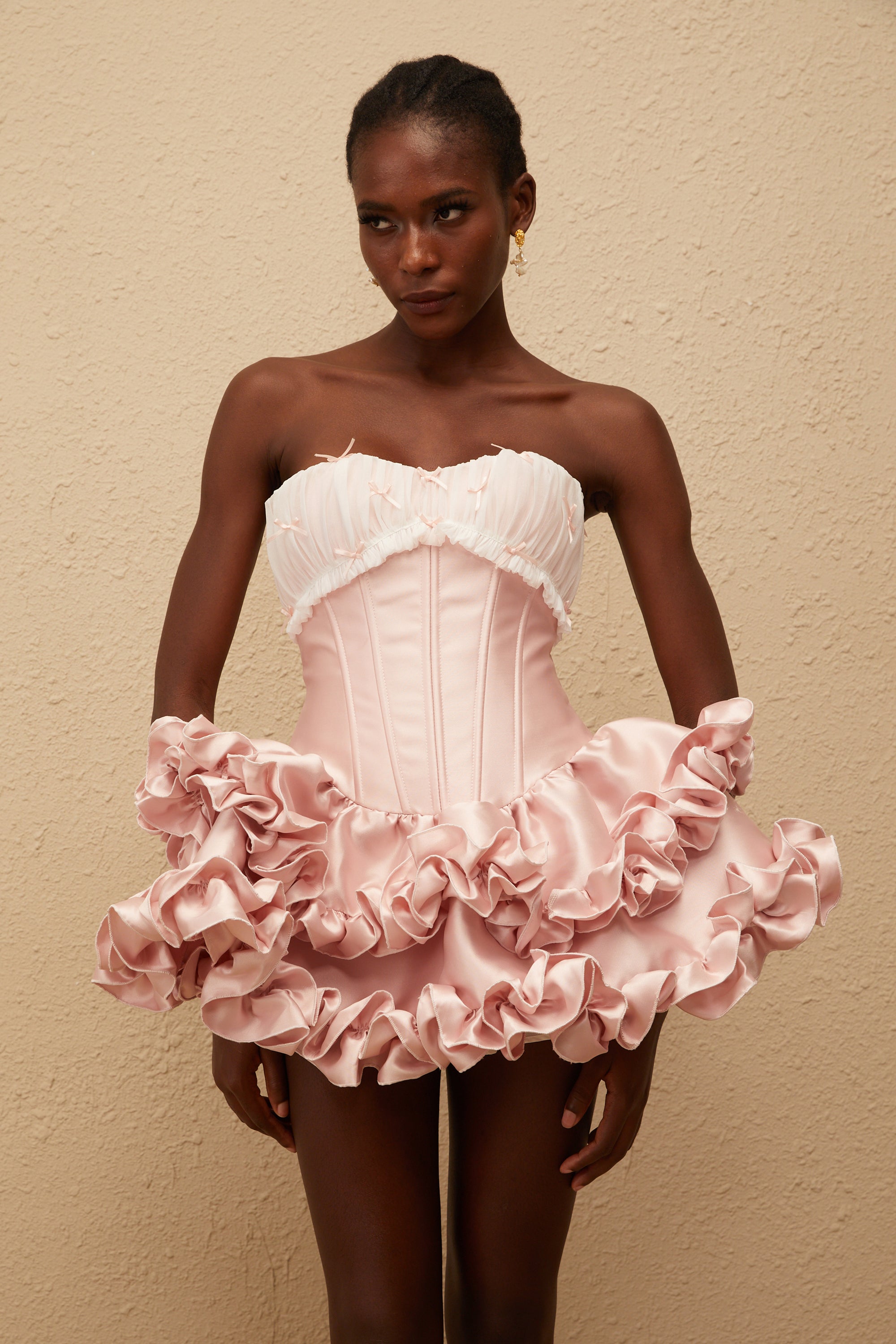 Laurine Pink Ruffled Satin Mini Dress