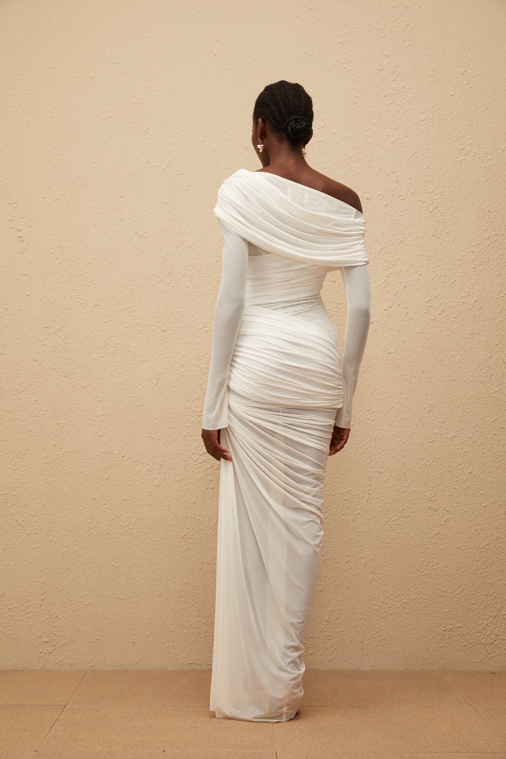 Melanie White Asymmetrical Ruched Mesh Maxi Dress (Final Sale-US Only)