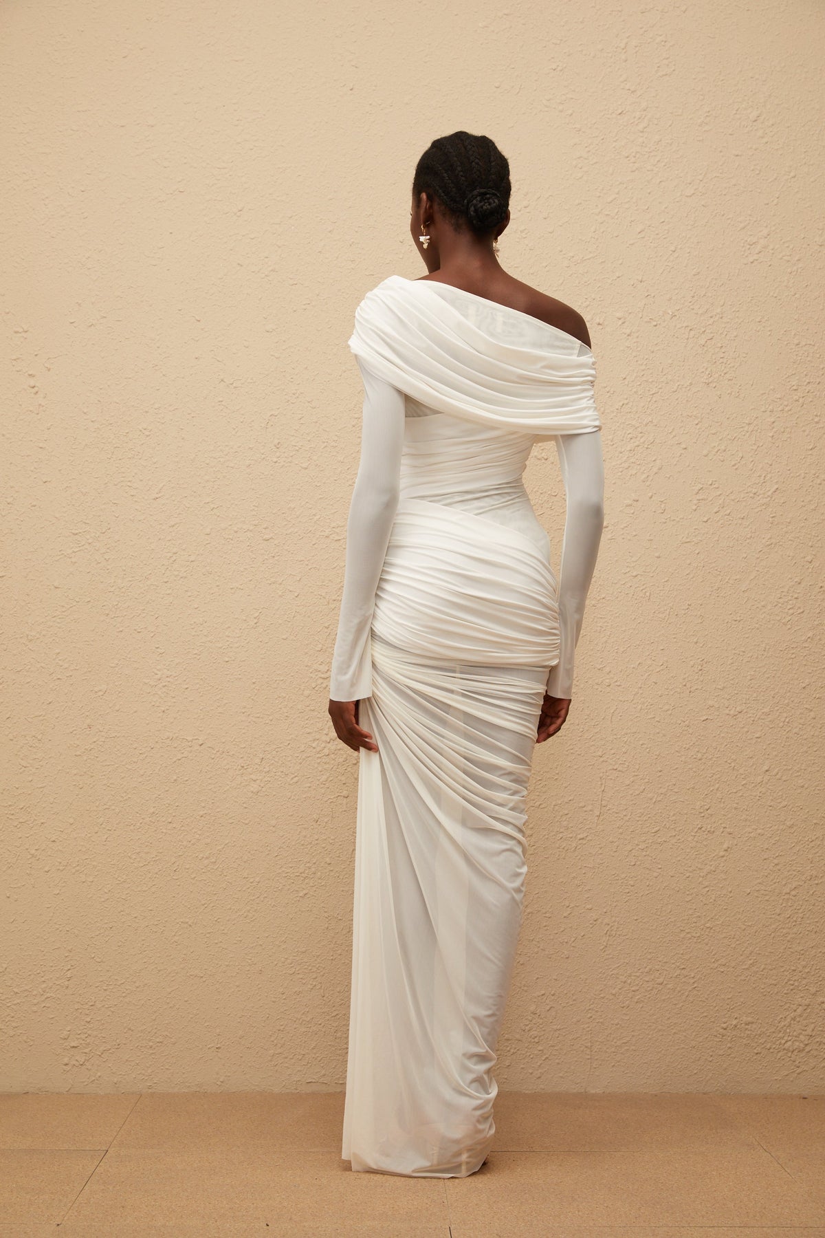 Melanie White Asymmetrical Ruched Mesh Maxi Dress (Final Sale-US Only)