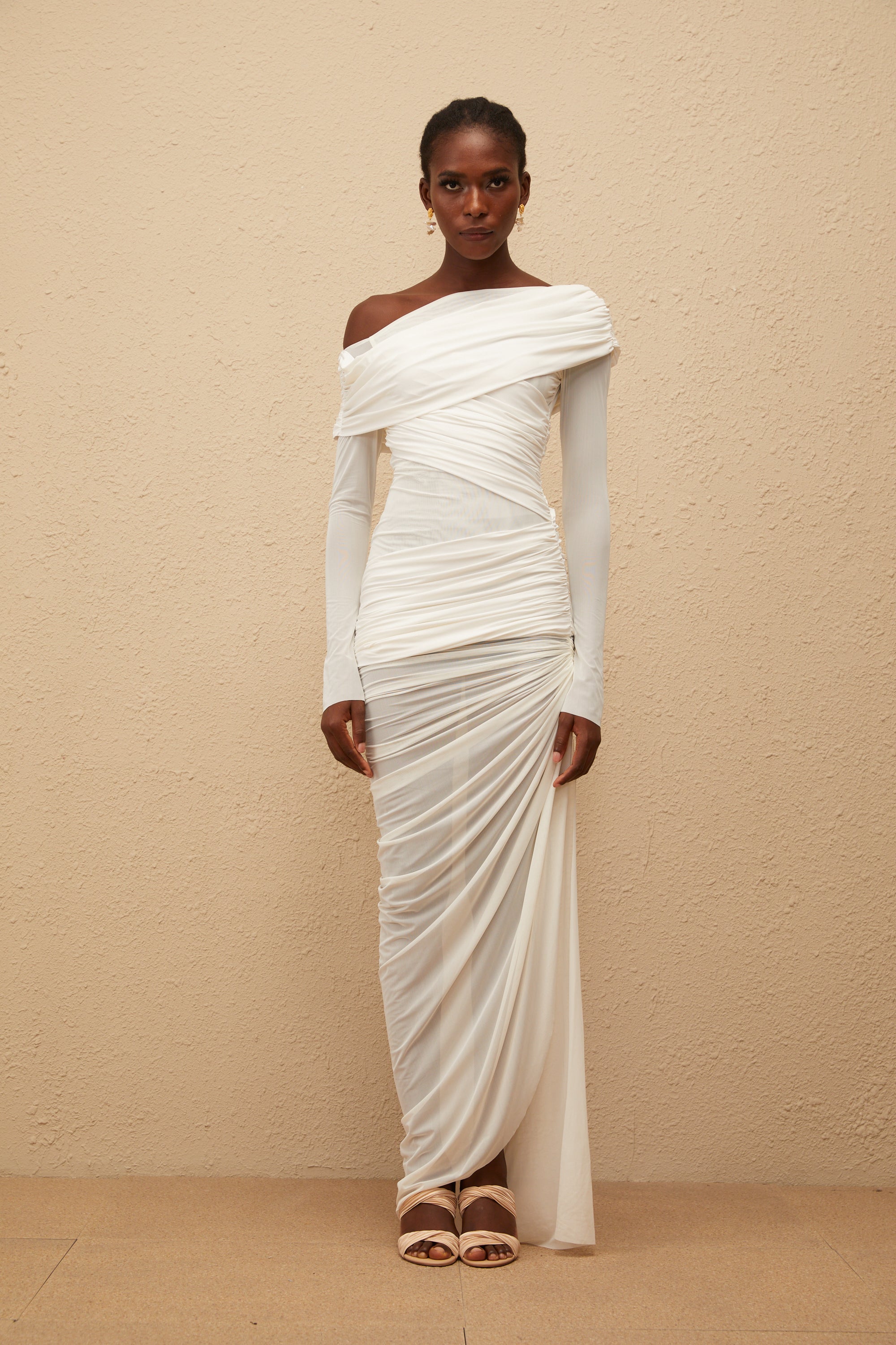 Melanie White Asymmetrical Ruched Mesh Maxi Dress