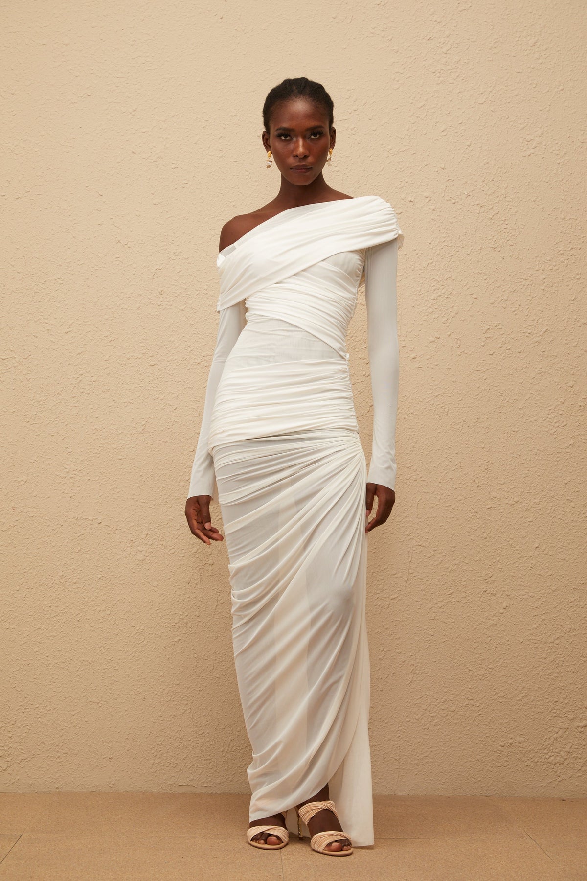 Melanie White Asymmetrical Ruched Mesh Maxi Dress