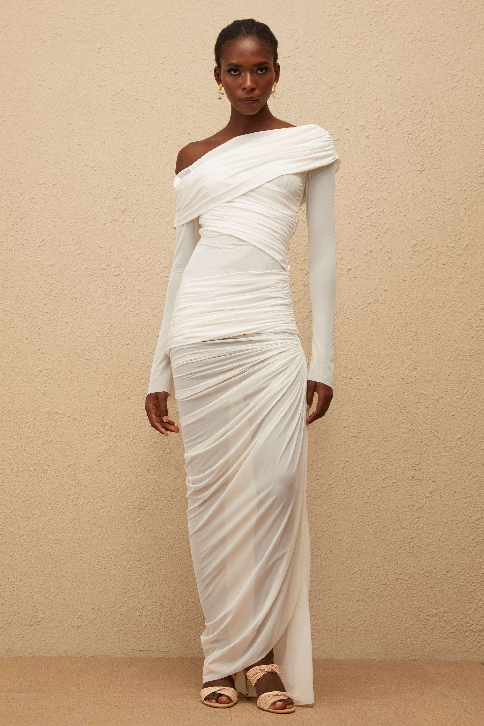 Melanie White Asymmetrical Ruched Mesh Maxi Dress