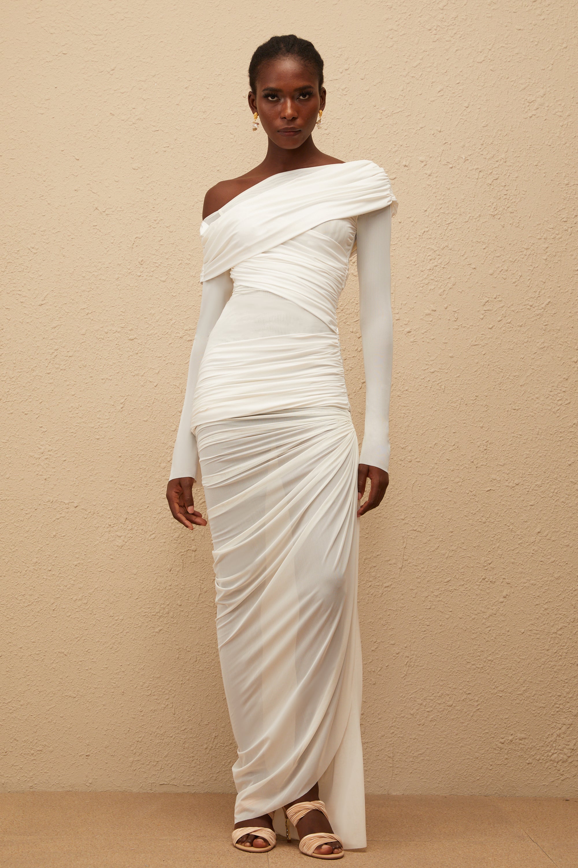 Melanie White Asymmetrical Ruched Mesh Maxi Dress (Final Sale-US Only)