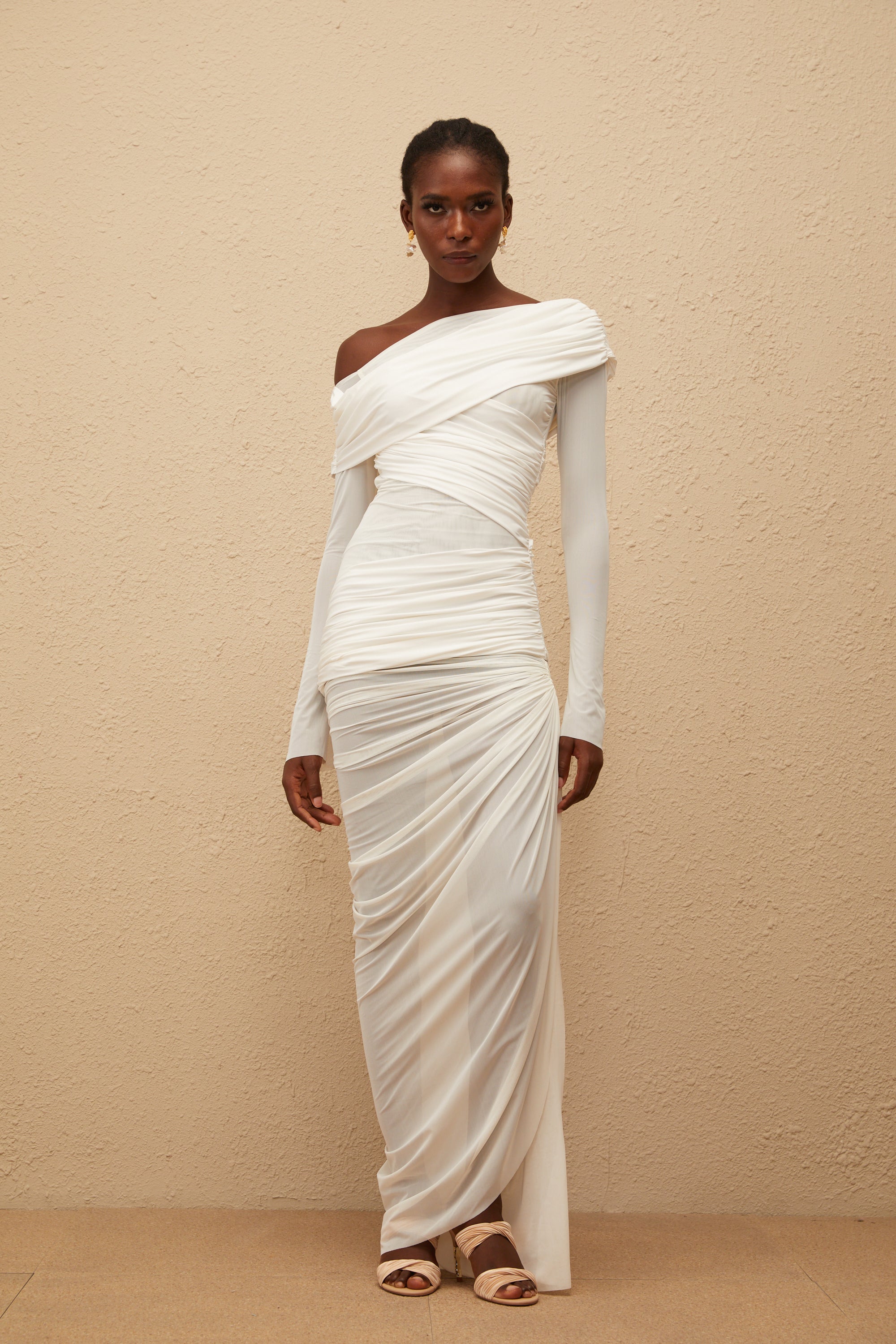 Melanie White Asymmetrical Ruched Mesh Maxi Dress (Final Sale-US Only)