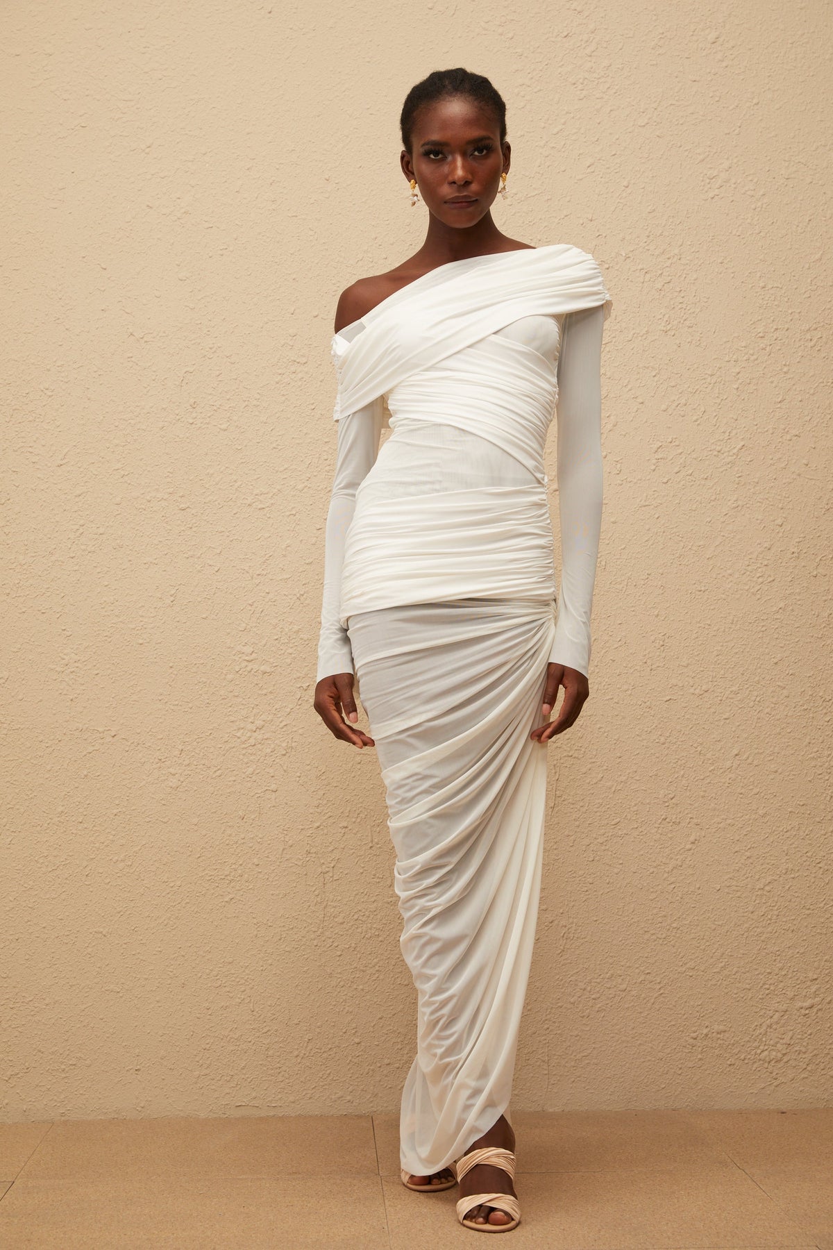 Melanie White Asymmetrical Ruched Mesh Maxi Dress (Final Sale-US Only)