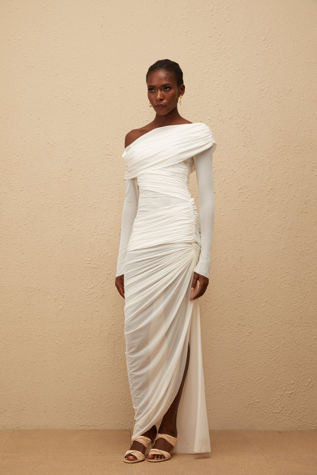 Melanie White Asymmetrical Ruched Mesh Maxi Dress (Final Sale-US Only)