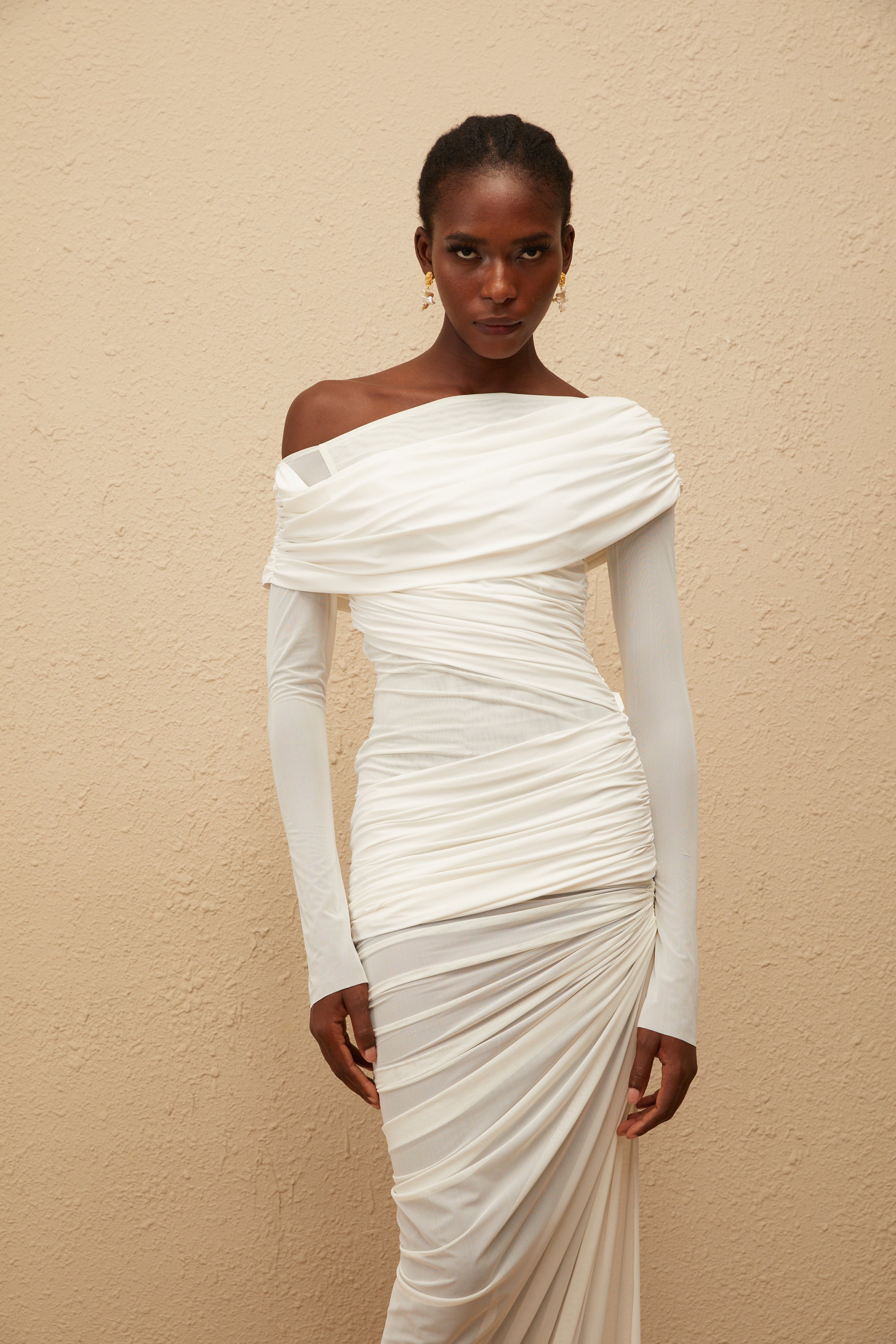 Melanie White Asymmetrical Ruched Mesh Maxi Dress