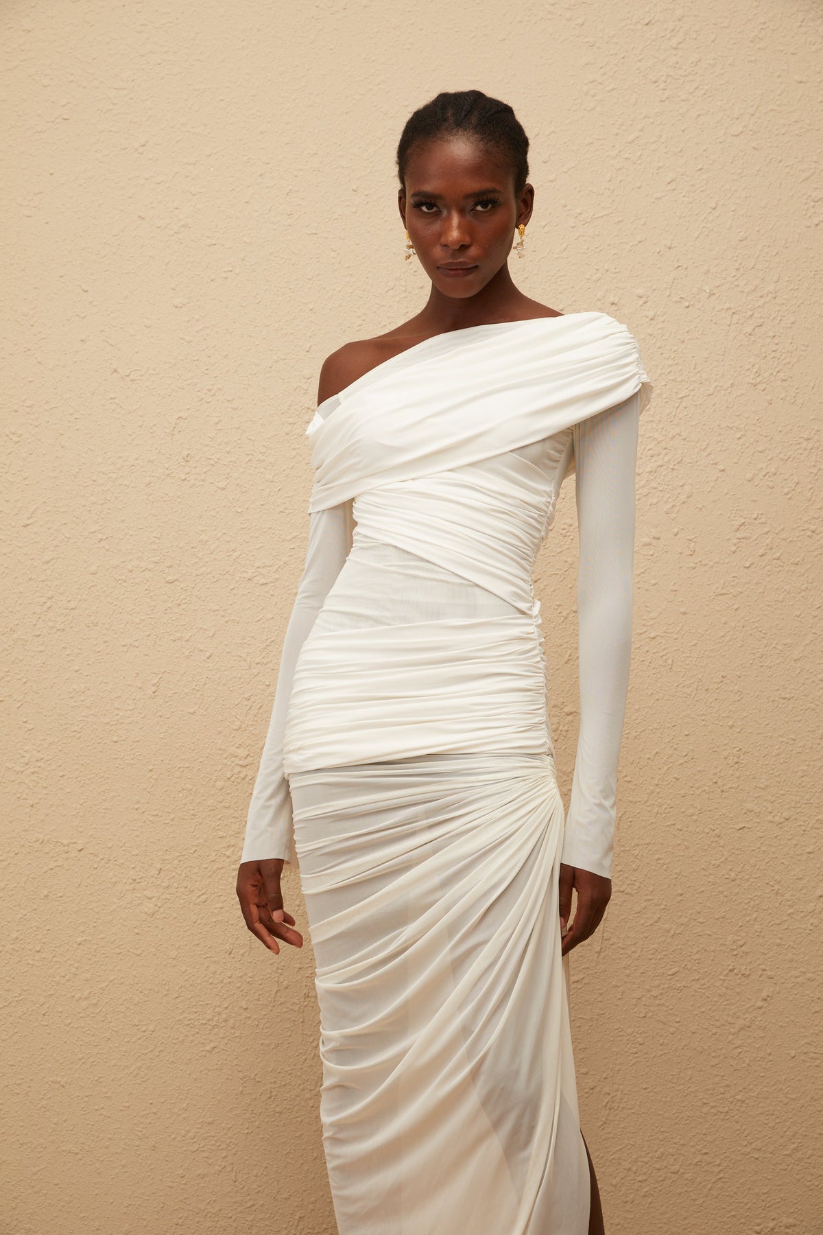 Melanie White Asymmetrical Ruched Mesh Maxi Dress (Final Sale-US Only)