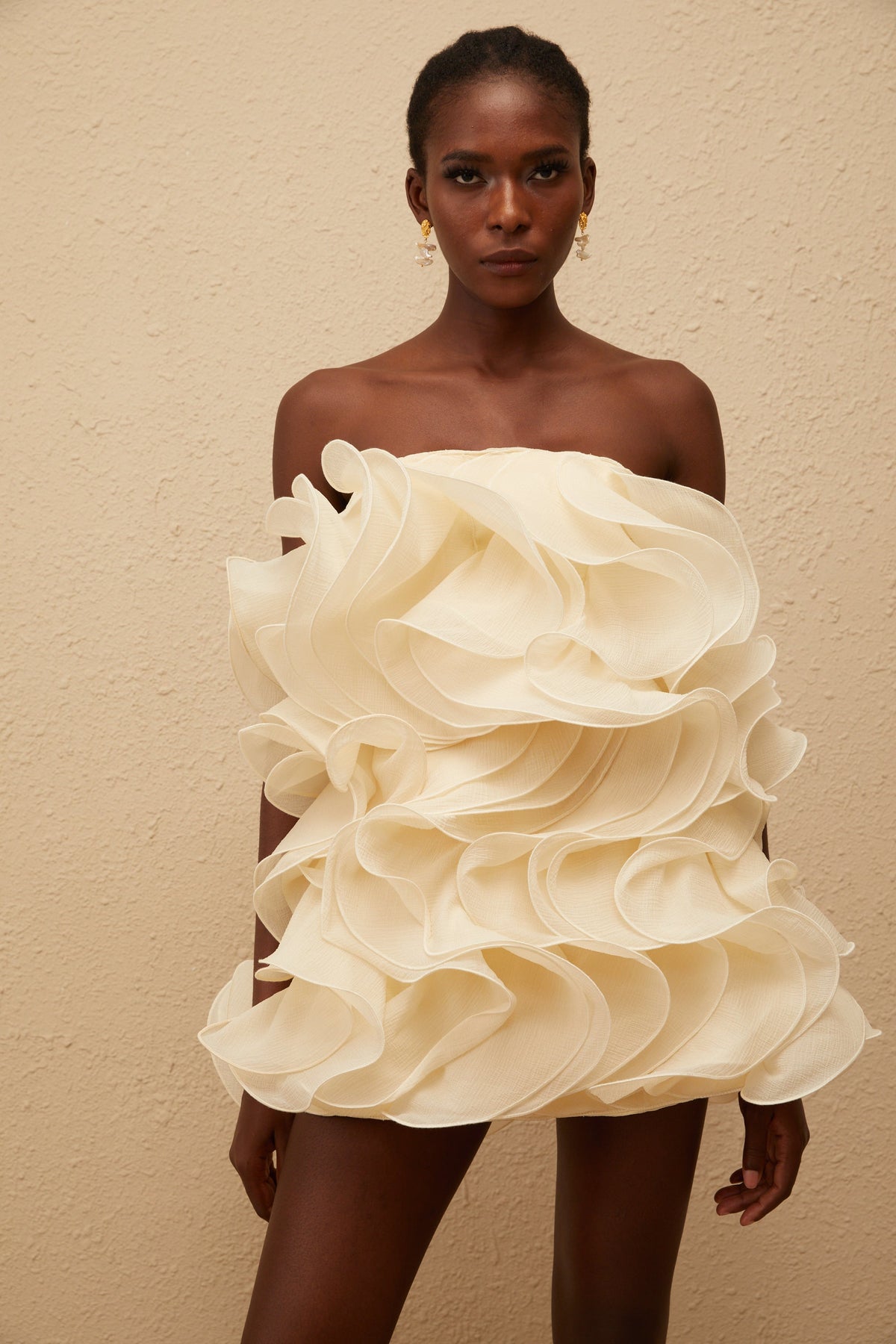 Ruby White 3D Petal Layered Mini Dress