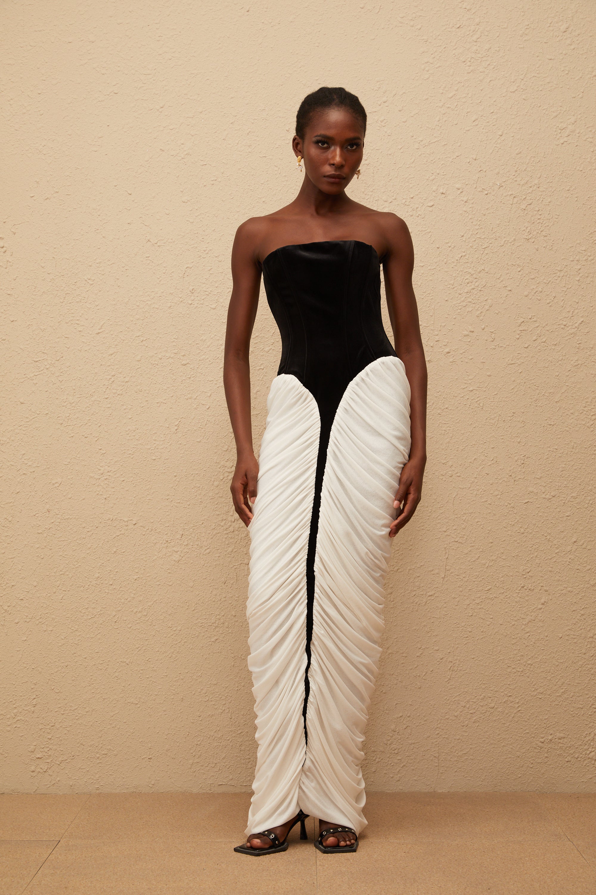 Iris Black Velvet Panel Ruched Maxi Dress