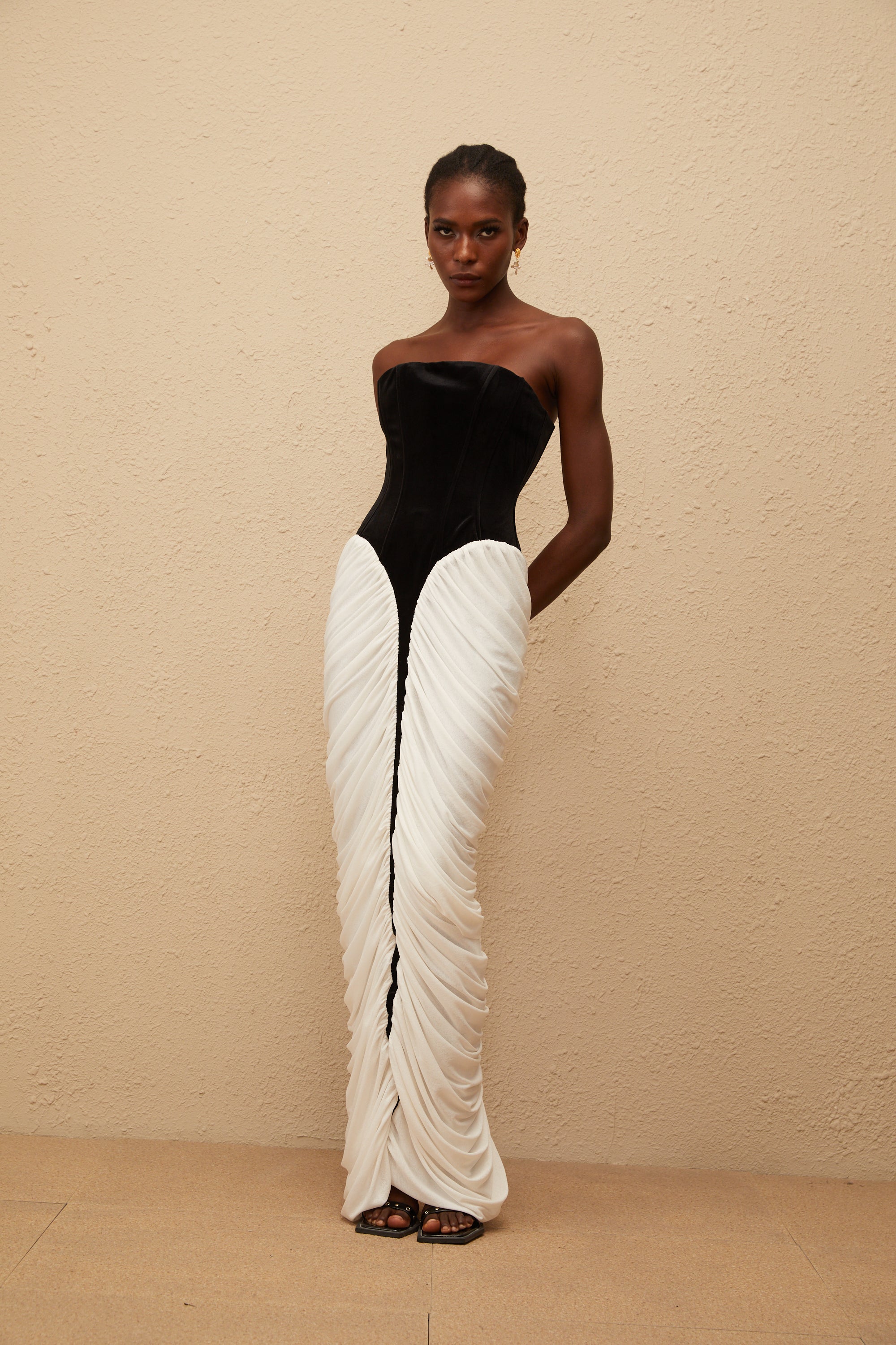 Iris Black Velvet Panel Ruched Maxi Dress