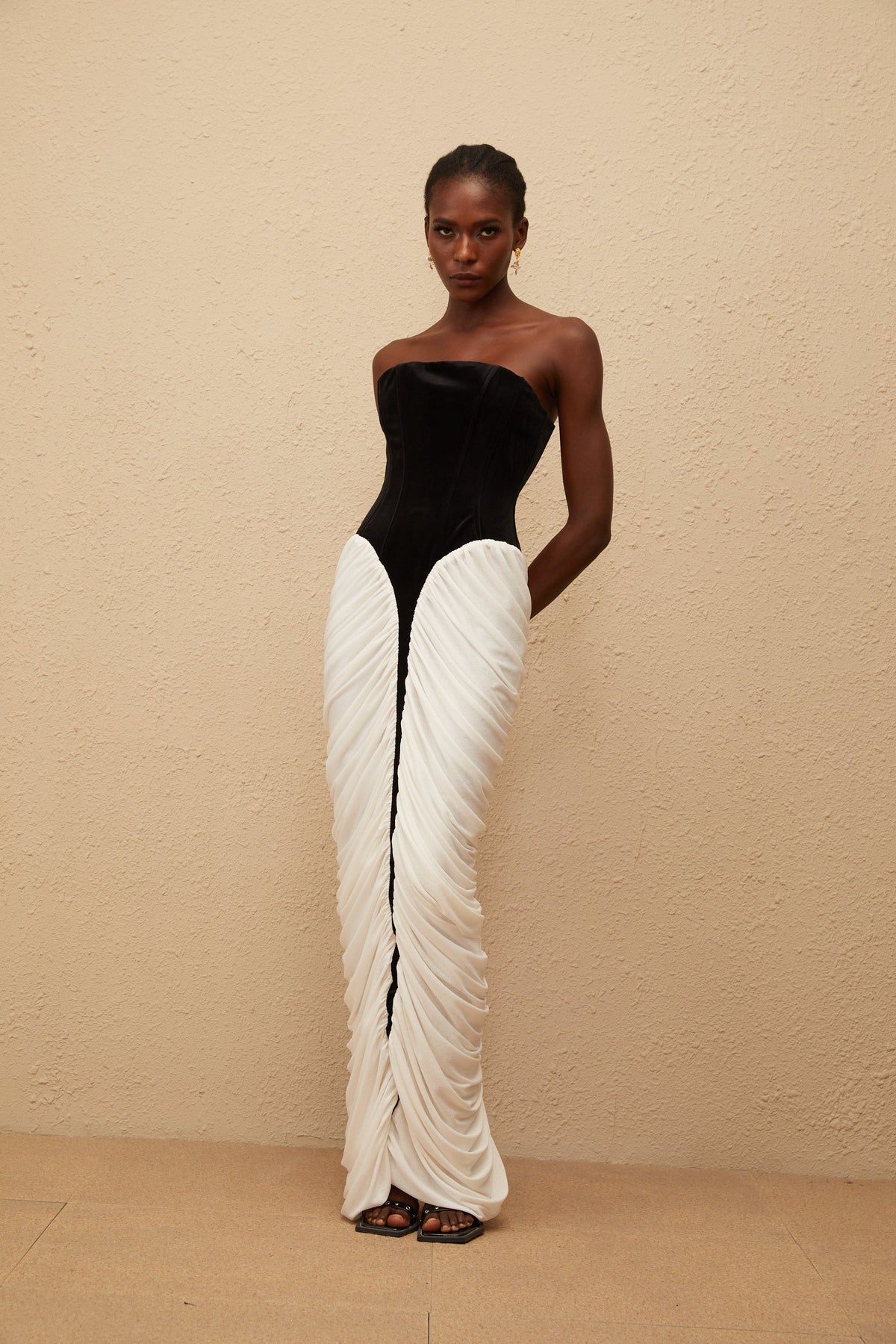 Iris Black Velvet Panel Ruched Maxi Dress