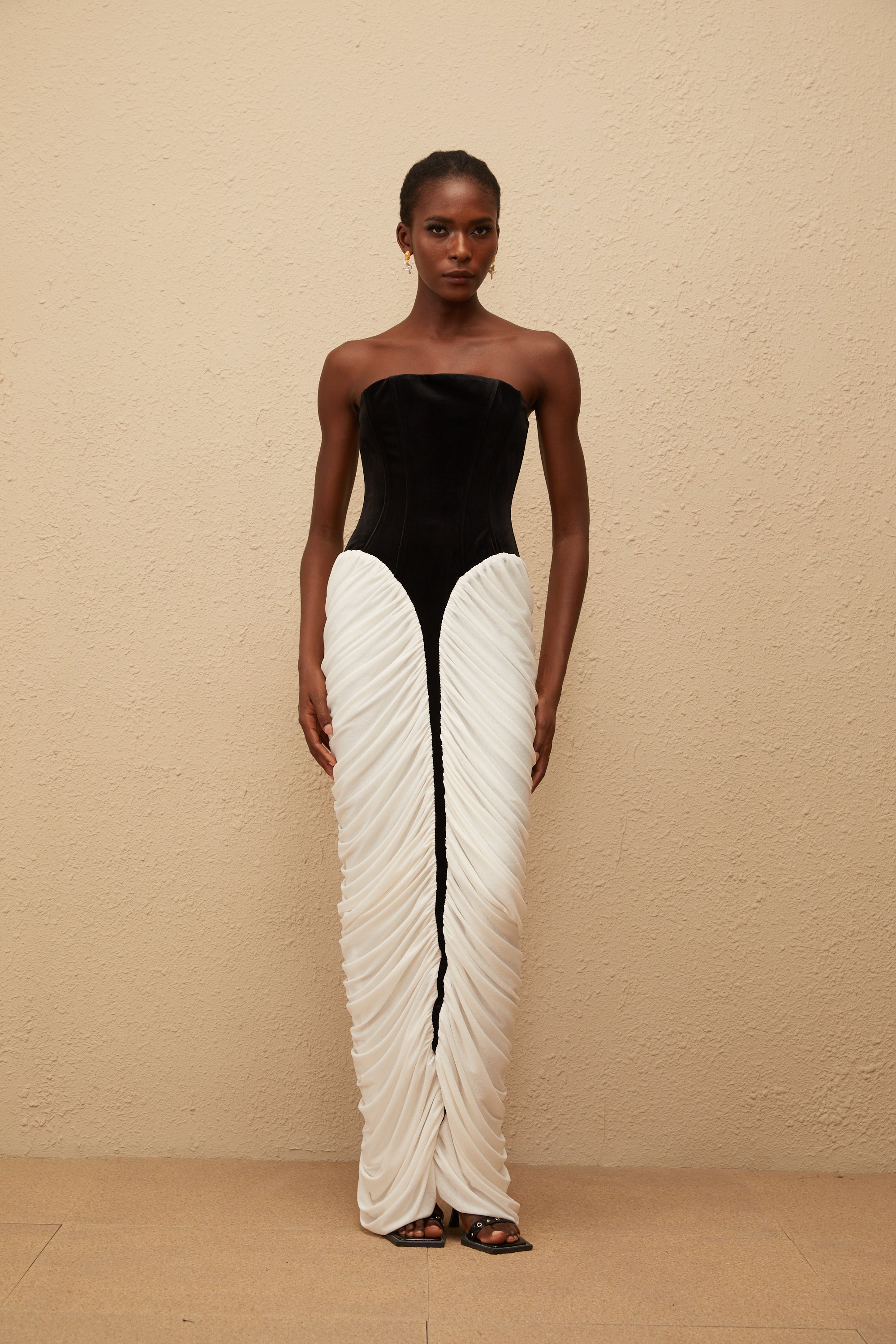 Iris Black Velvet Panel Ruched Maxi Dress