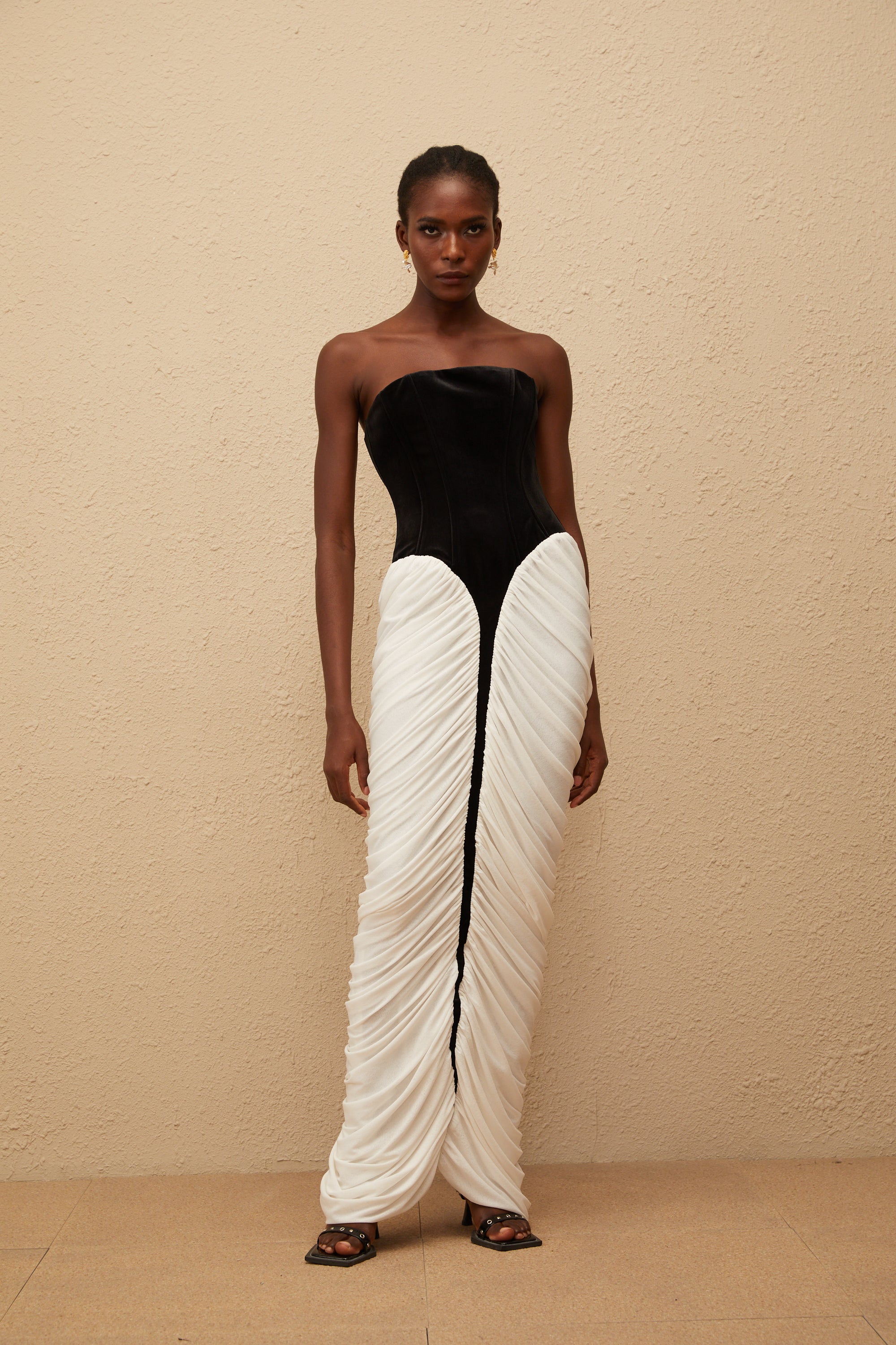 Iris Black Velvet Panel Ruched Maxi Dress