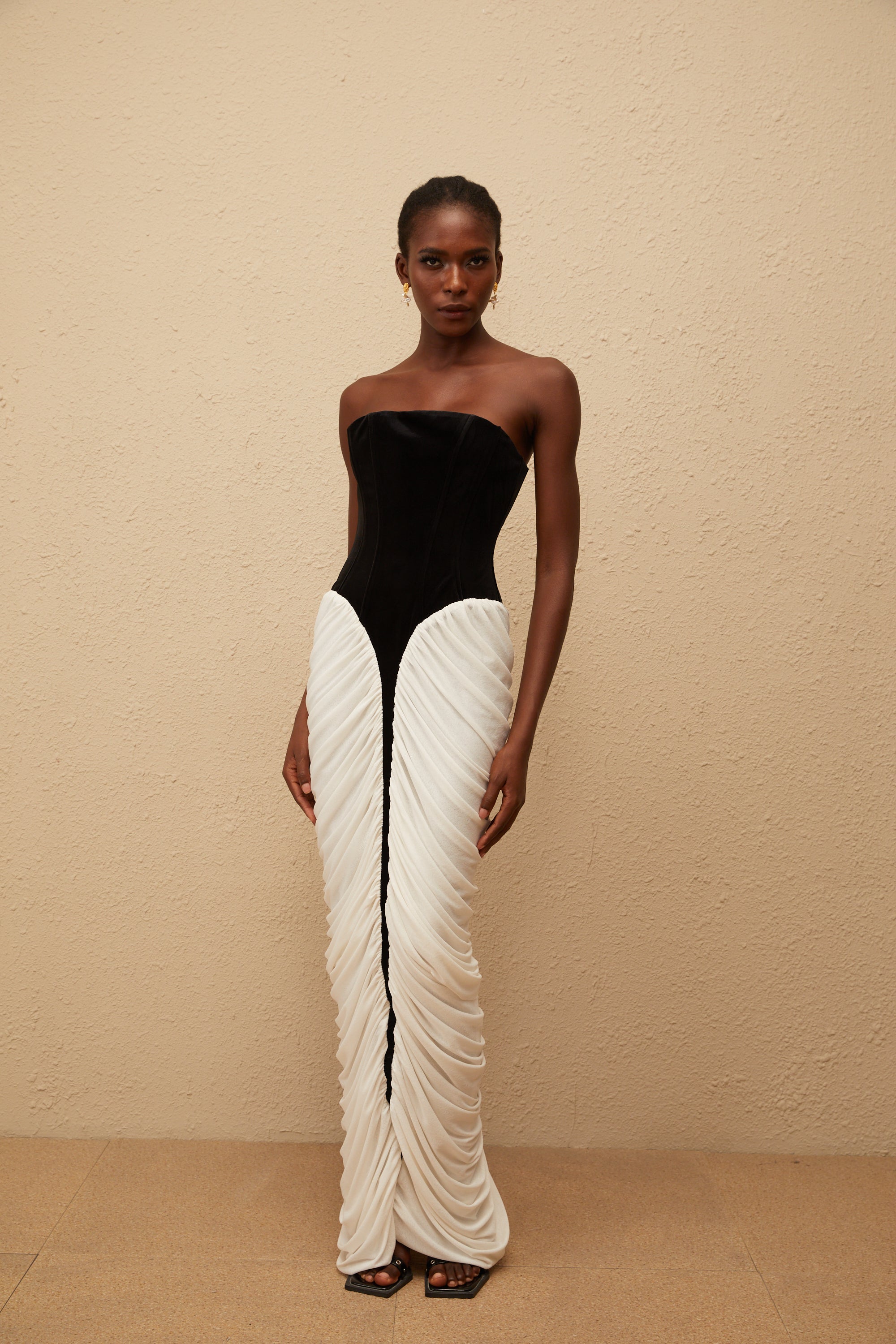 Iris Black Velvet Panel Ruched Maxi Dress