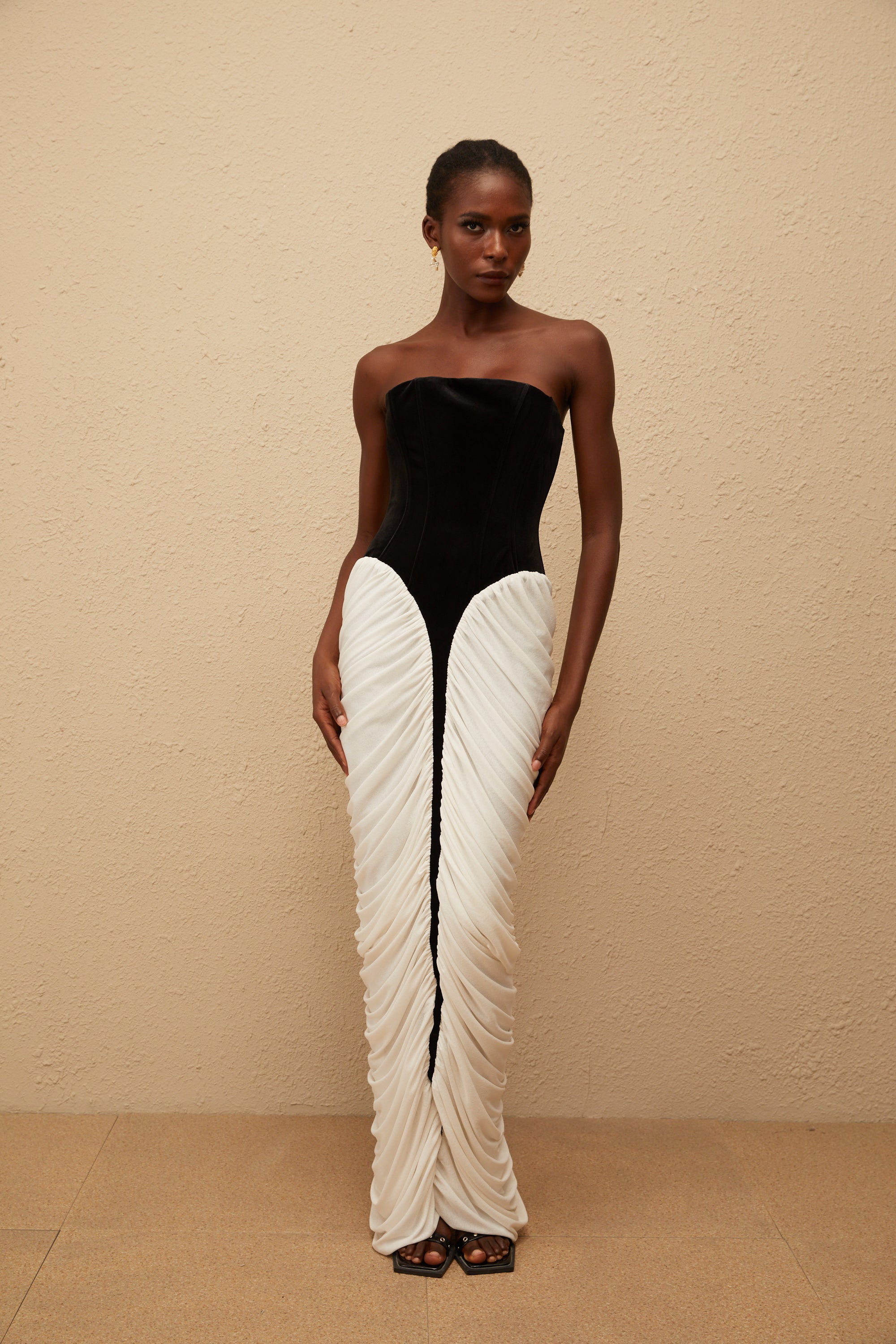 Iris Black Velvet Panel Ruched Maxi Dress