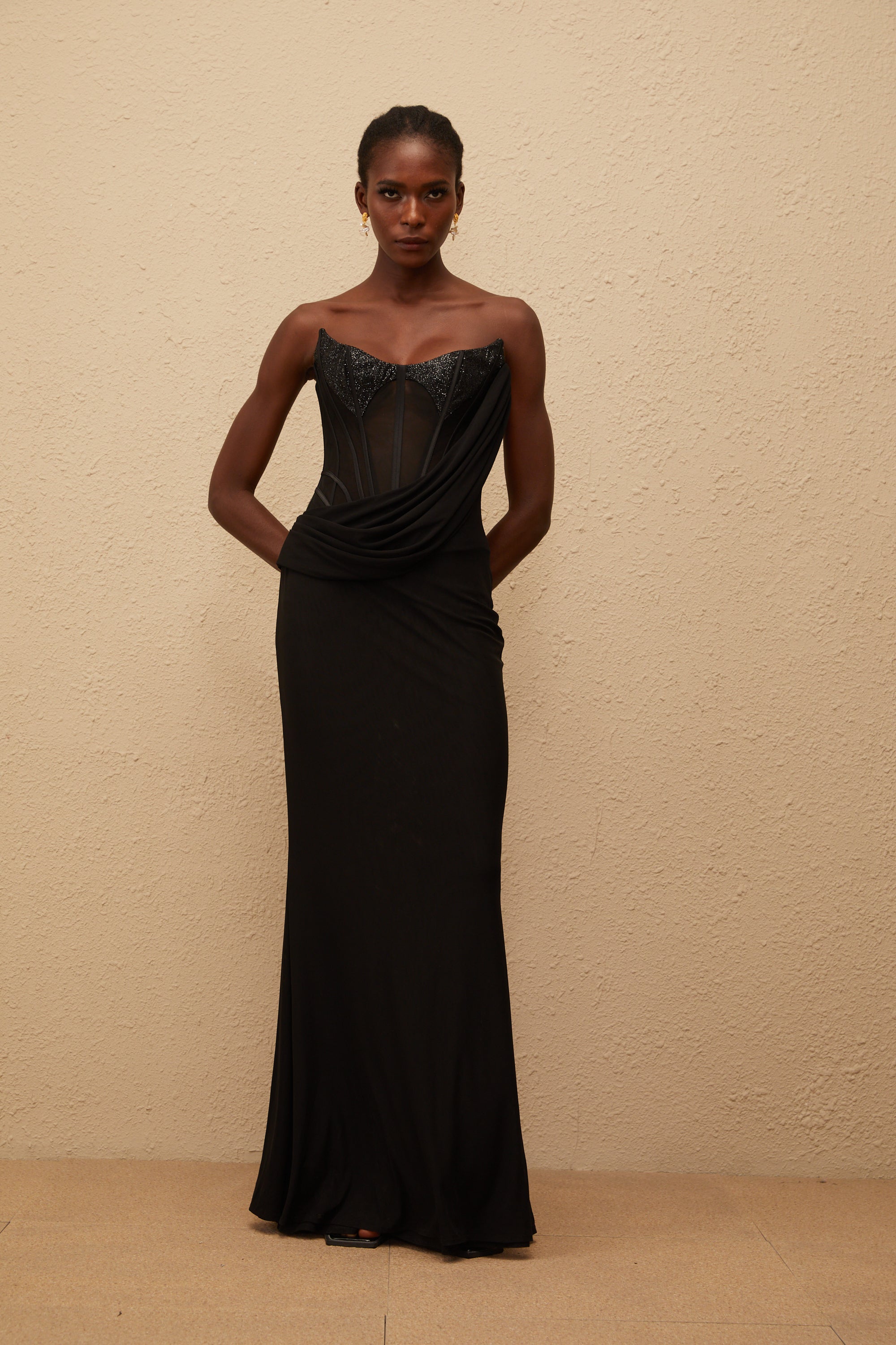 Scarlett Black Panelled Corset Maxi Dress