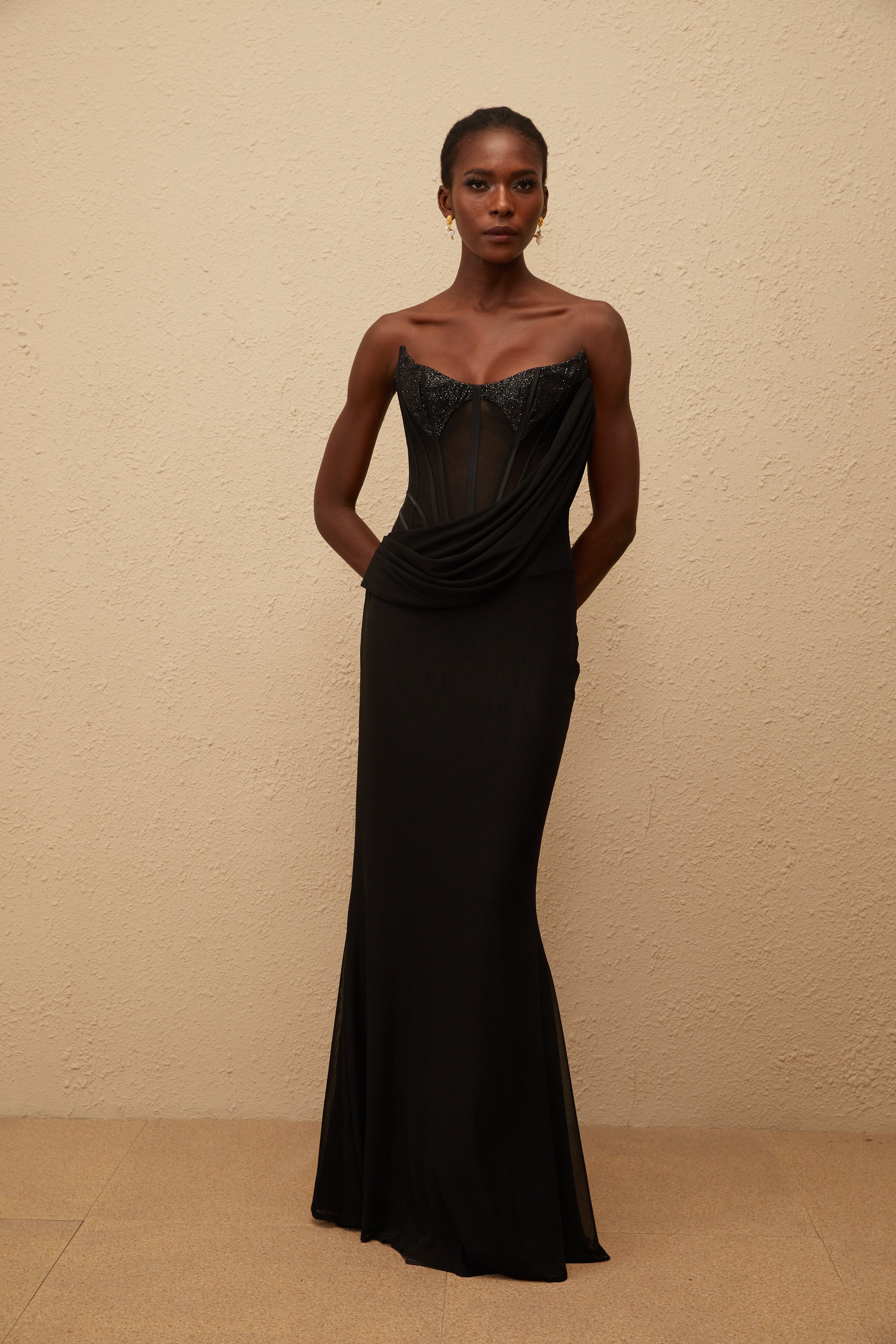 Scarlett Black Panelled Corset Maxi Dress