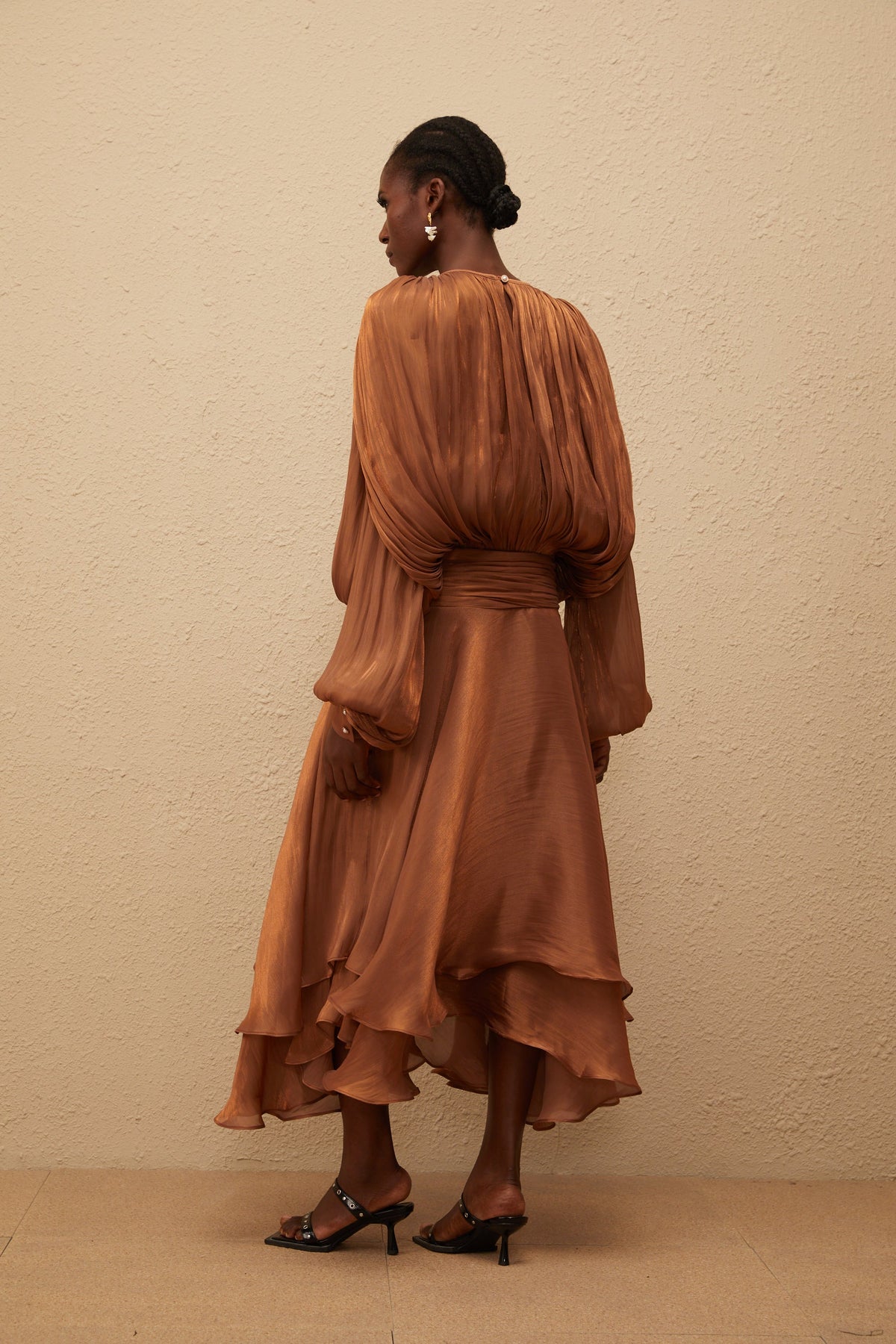 Eugénie Pleated Ruffle Maxi Dress in Brown (Final Sale-US Only)