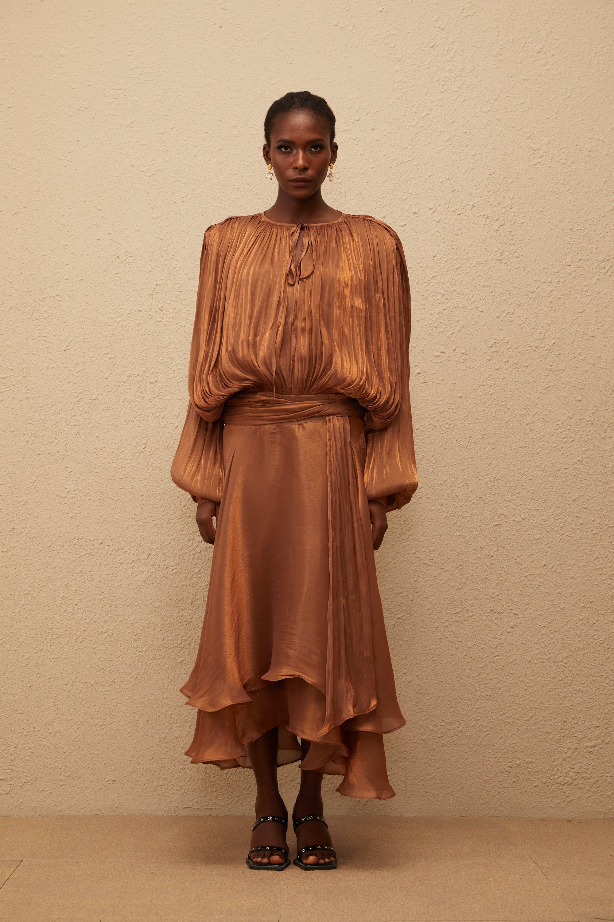 Eugénie Pleated Ruffle Maxi Dress in Brown