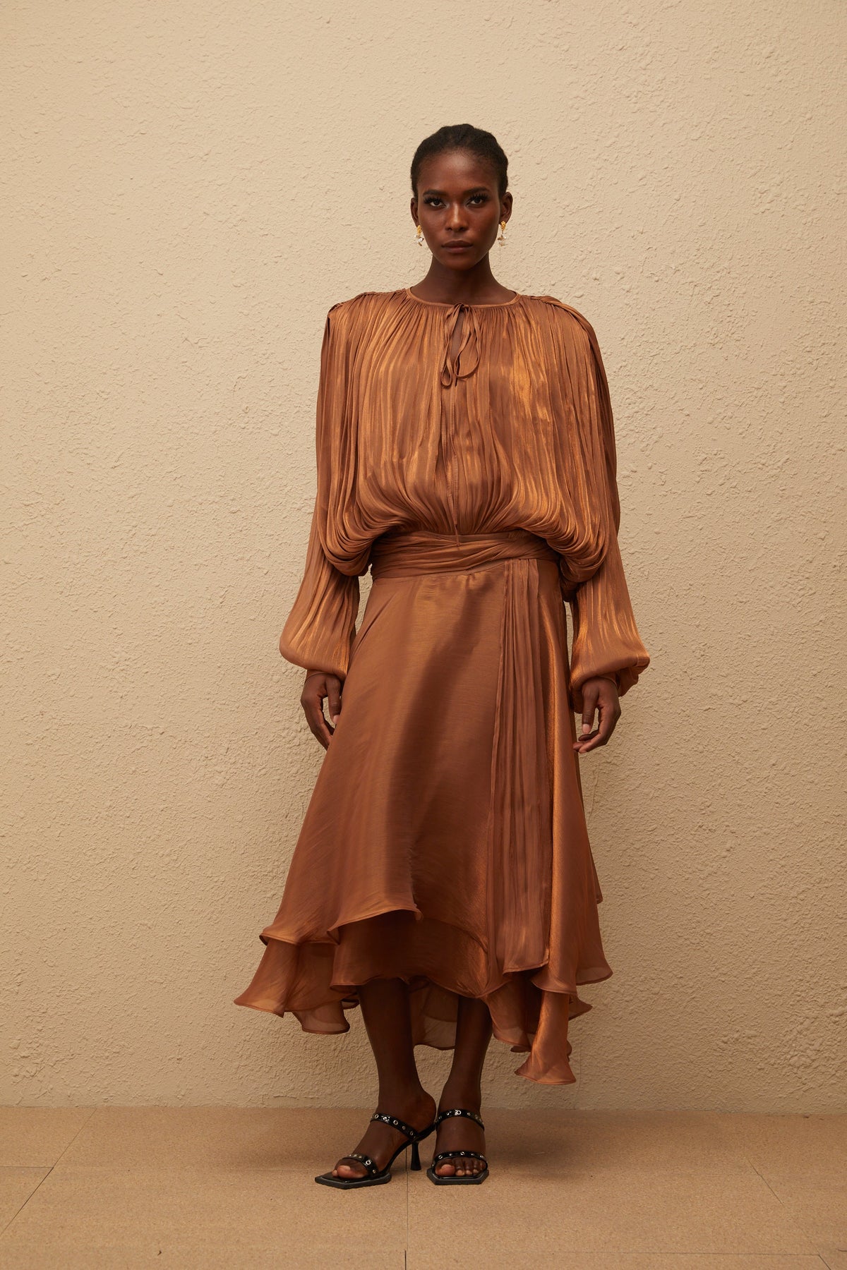 Eugénie Pleated Ruffle Maxi Dress in Brown (Final Sale-US Only)