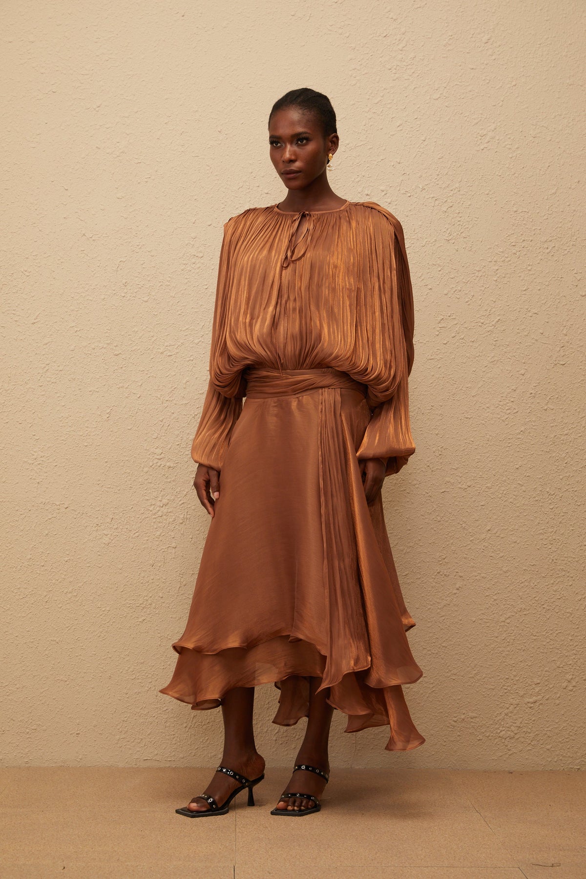 Eugénie Pleated Ruffle Maxi Dress in Brown (Final Sale-US Only)