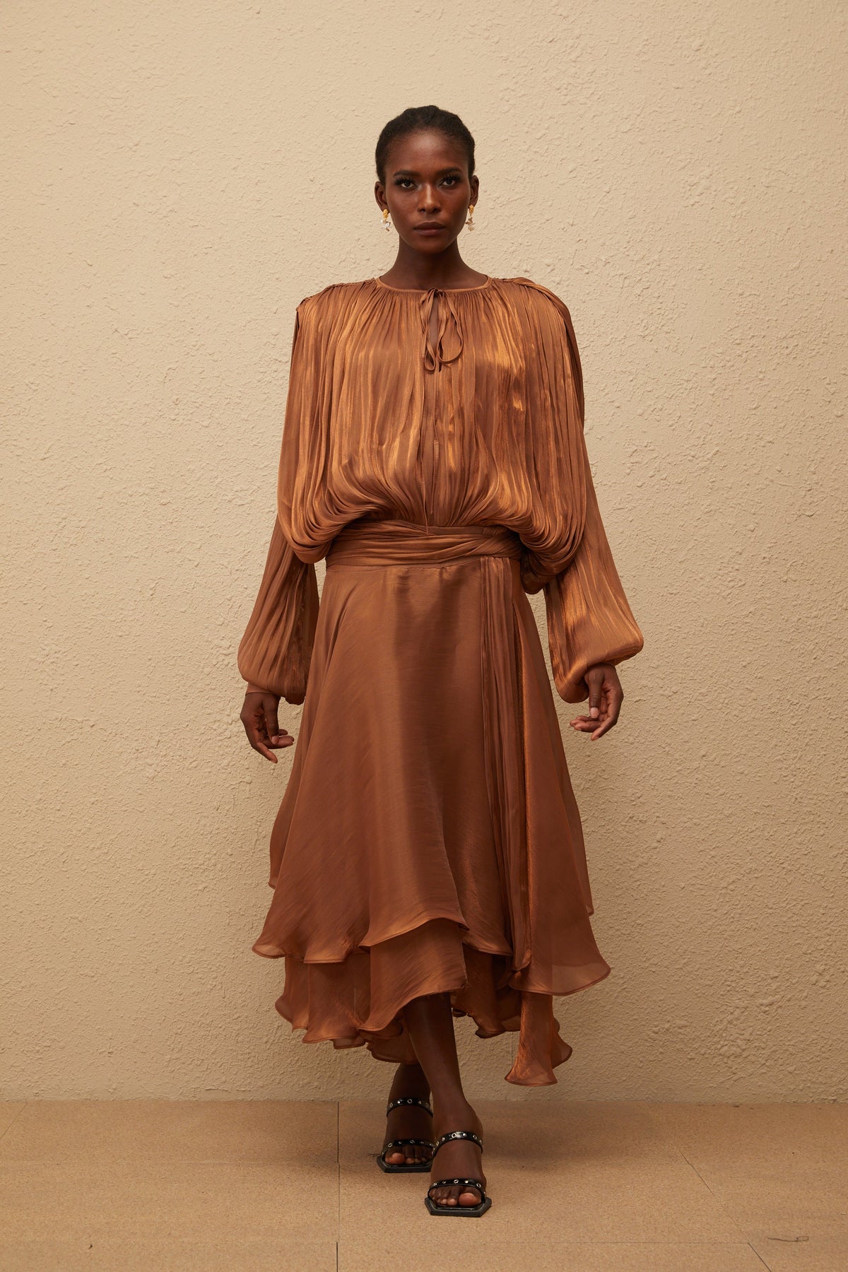 Eugénie Pleated Ruffle Maxi Dress in Brown (Final Sale-US Only)